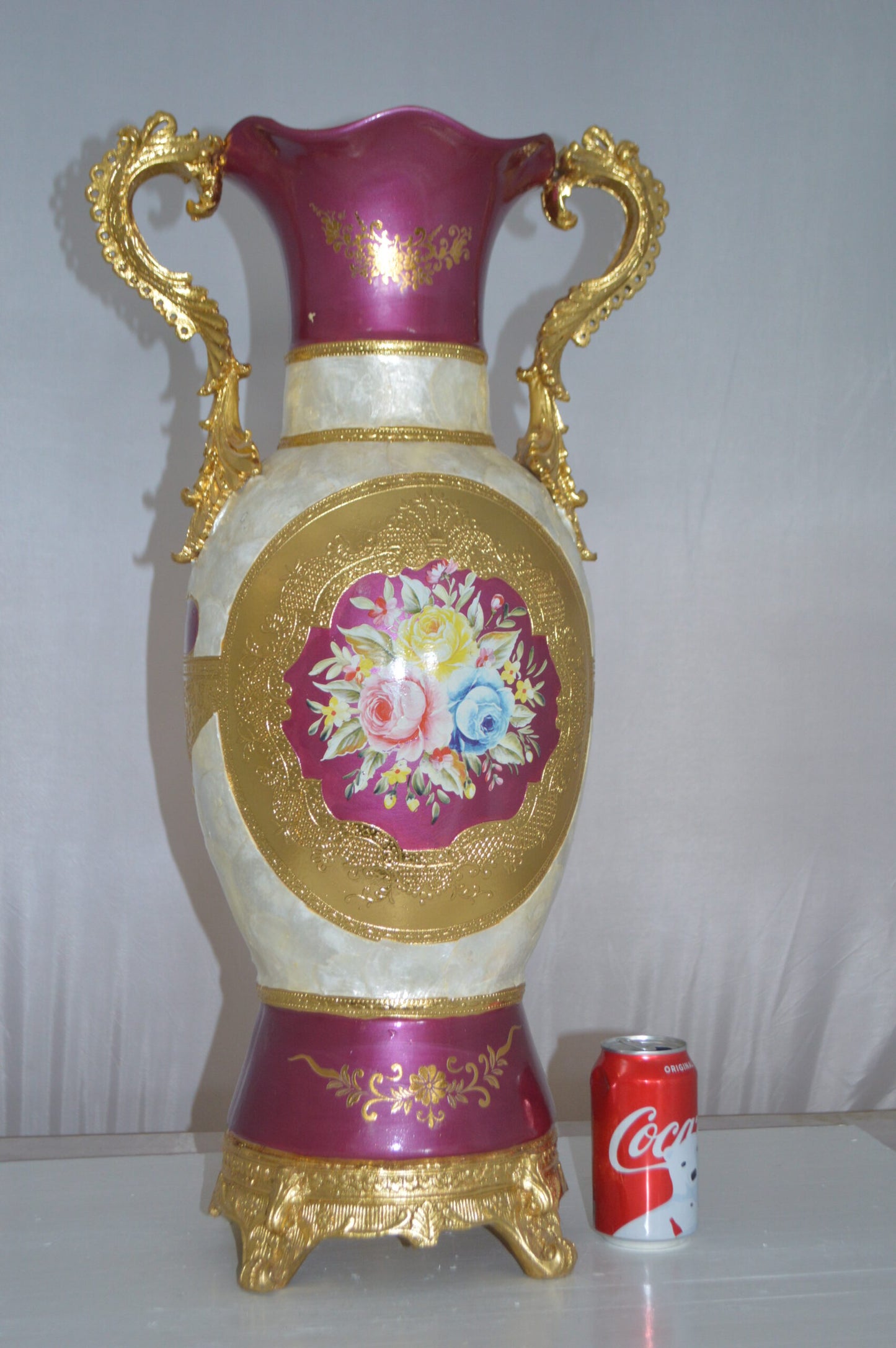 Decoration Vase White Gold and Pink -  Size: 15"L x 9"W x 28"H.