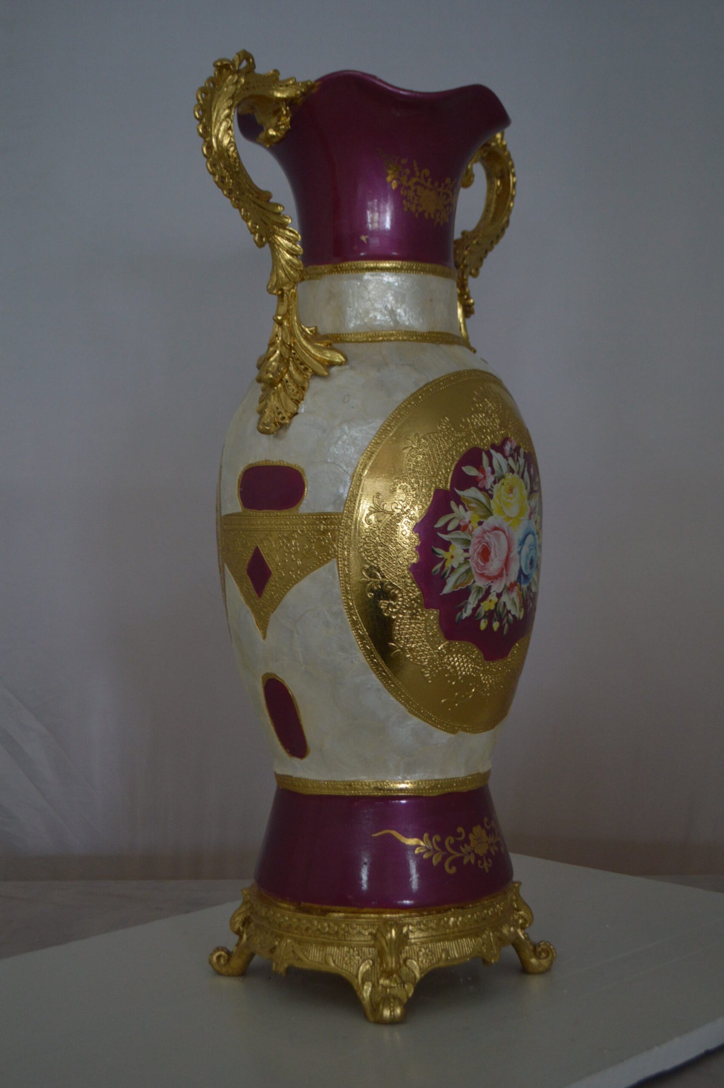 Decoration Vase White Gold and Pink -  Size: 15"L x 9"W x 28"H.