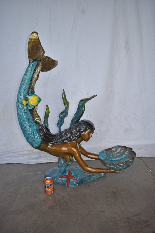 Mermaid Holding A Tray Shell Bronze Statue Art Nude - Size: 16"L x 38"W x 48"H.