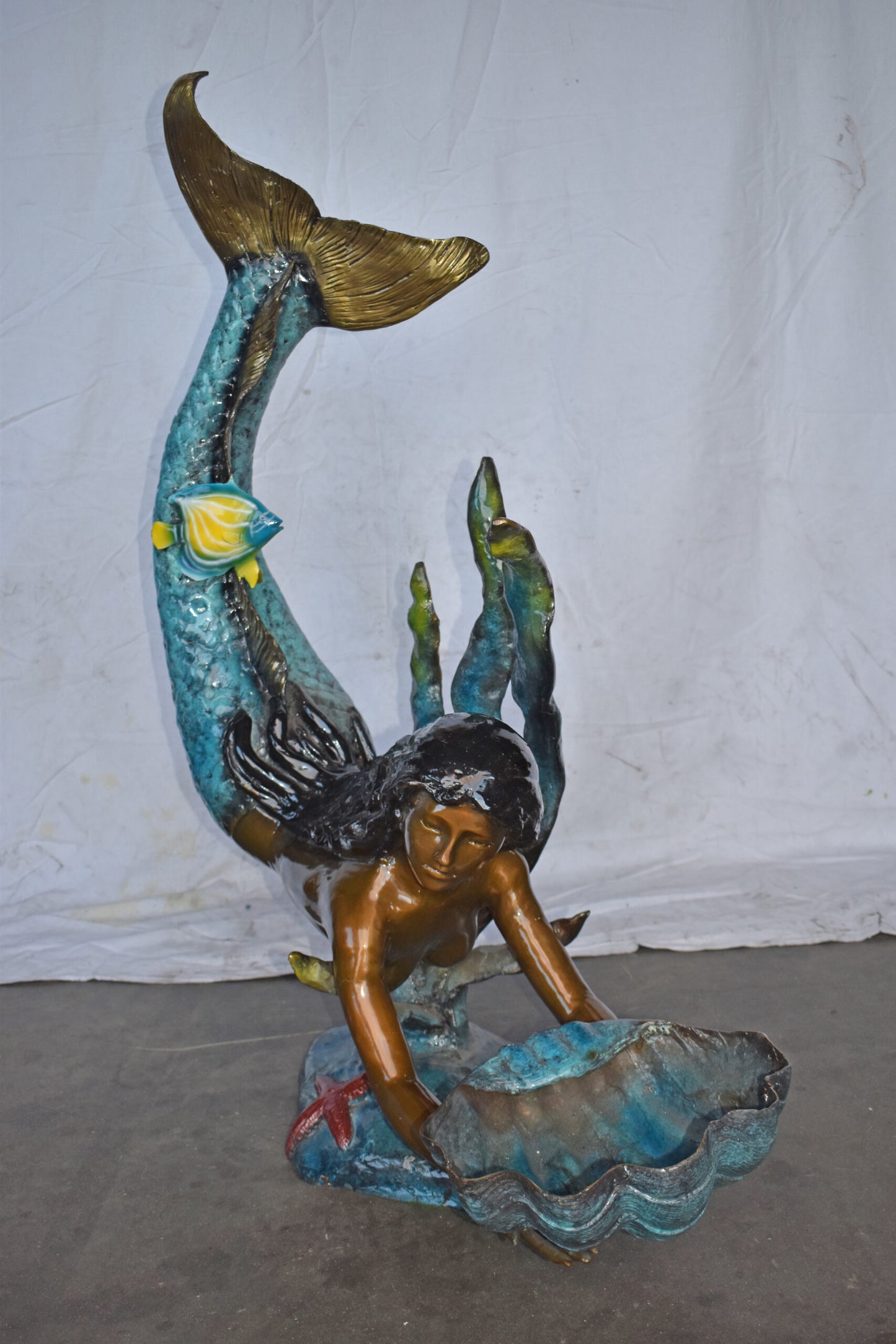 Mermaid Holding A Tray Shell Bronze Statue Art Nude - Size: 16"L x 38"W x 48"H.