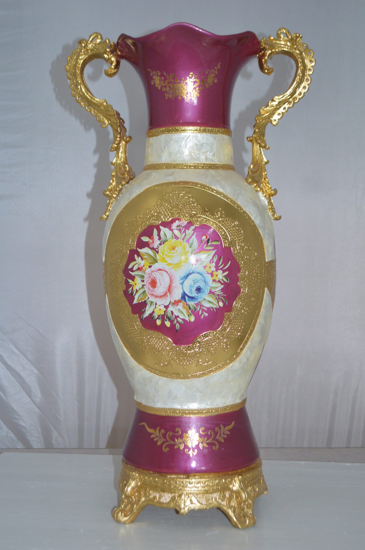 Decoration Vase White Gold and Pink - Size: 15"L x 9"W x 28"H.