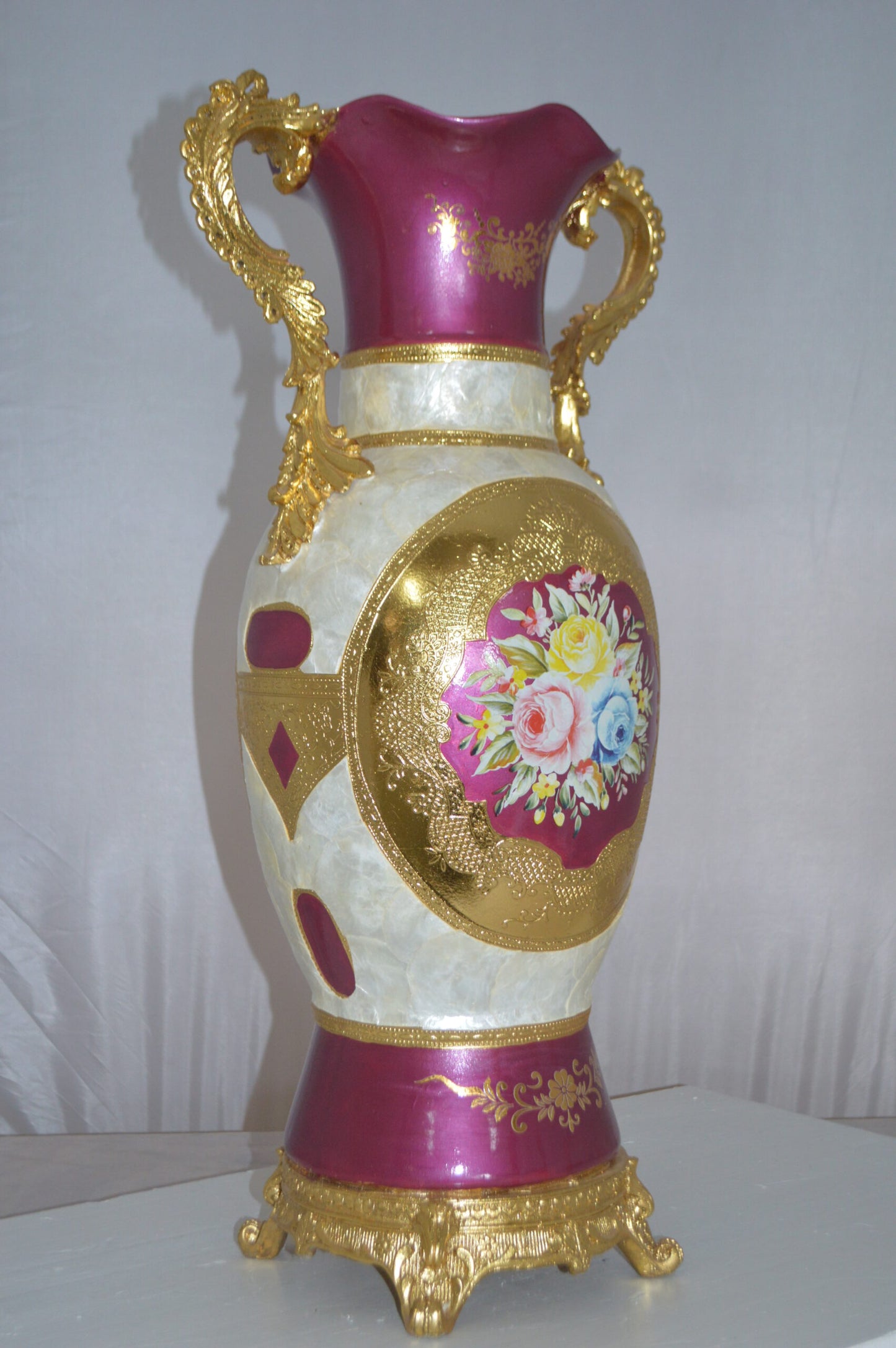 Decoration Vase White Gold and Pink - Size: 15"L x 9"W x 28"H.