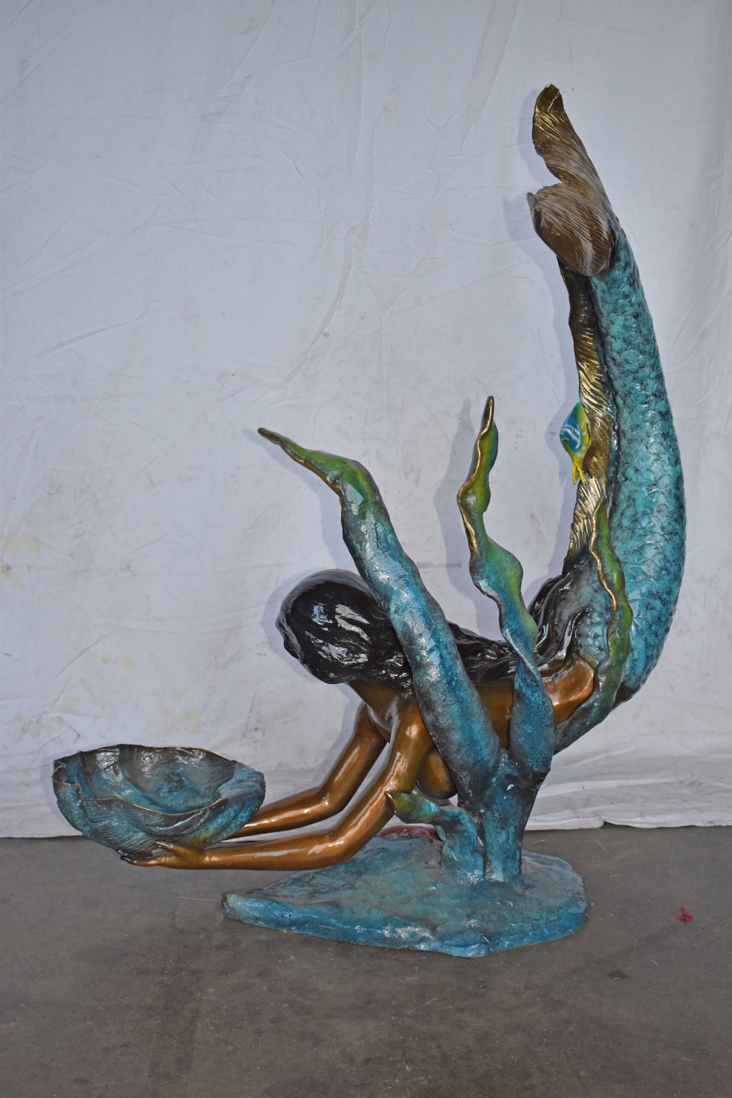 Mermaid Holding A Tray Shell Bronze Statue Art Nude - Size: 16"L x 38"W x 48"H.