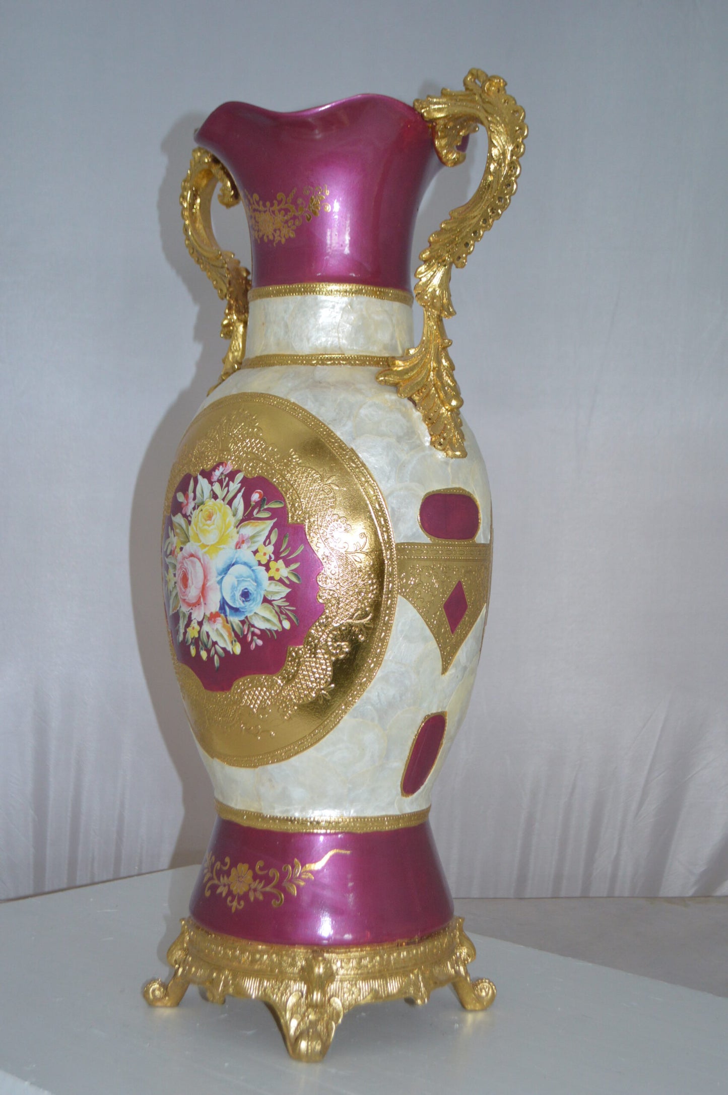 Decoration Vase White Gold and Pink - Size: 15"L x 9"W x 28"H.