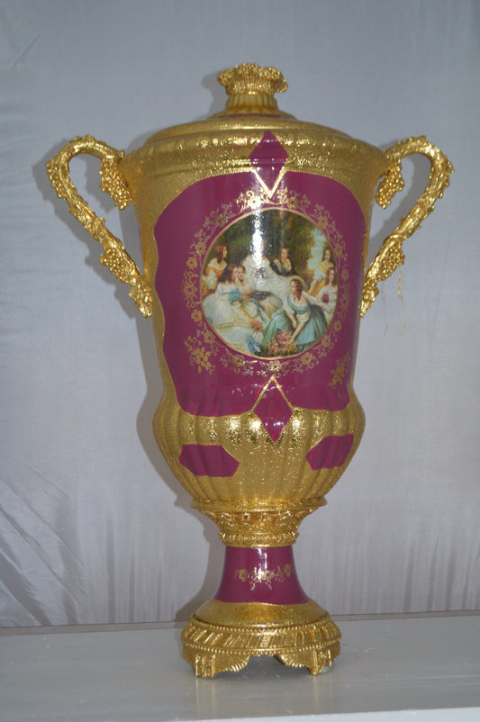 Decoration Vase with cover gold and pink - Size: 23"L x 16"W x 33"H.