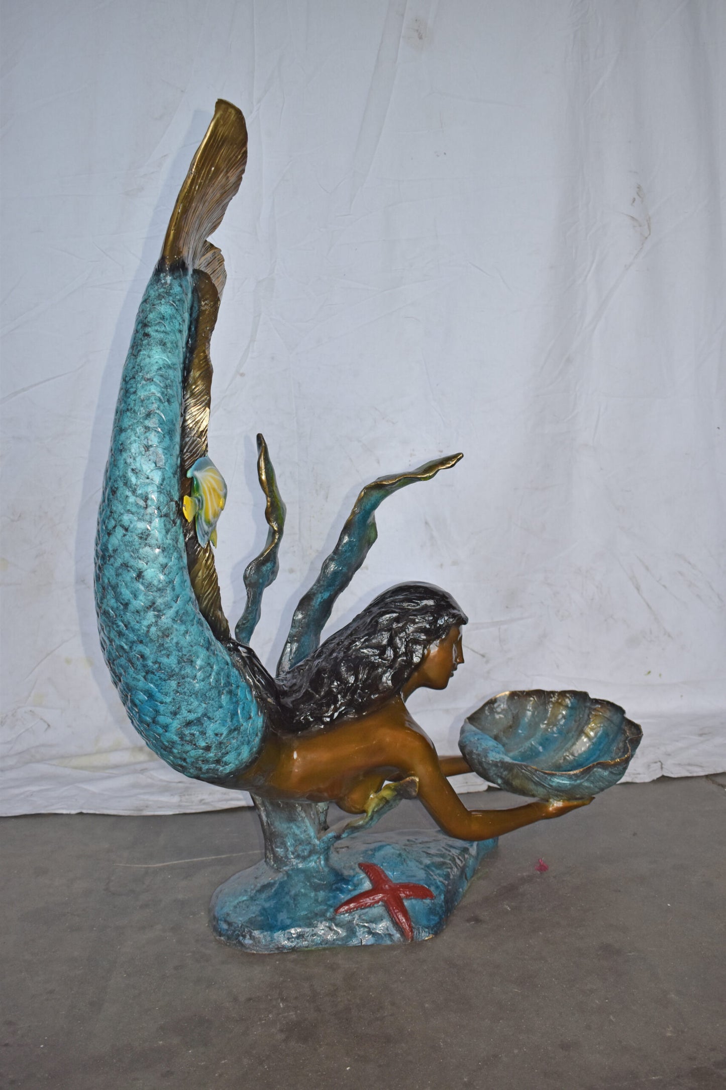 Mermaid Holding A Tray Shell Bronze Statue Art Nude - Size: 16"L x 38"W x 48"H.