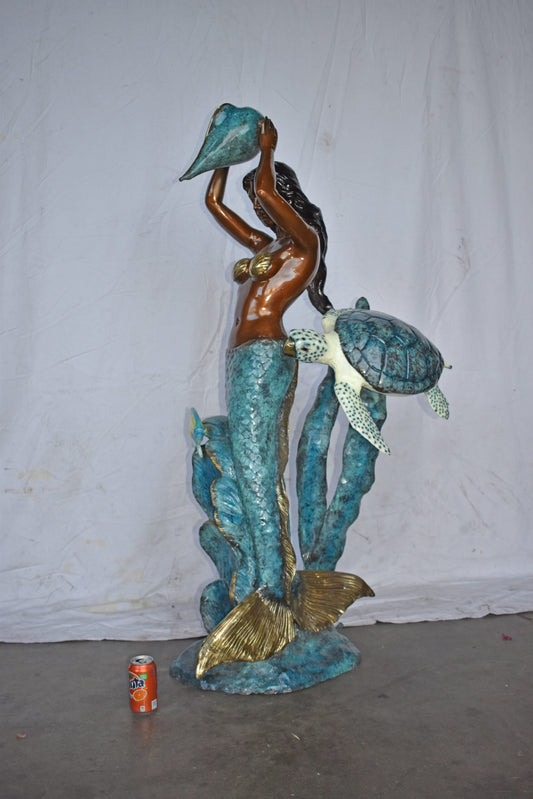 Mermaid Holding a Shell Fountain W Turtle Bronze Statue - Size: 32" x 19" x 60"H