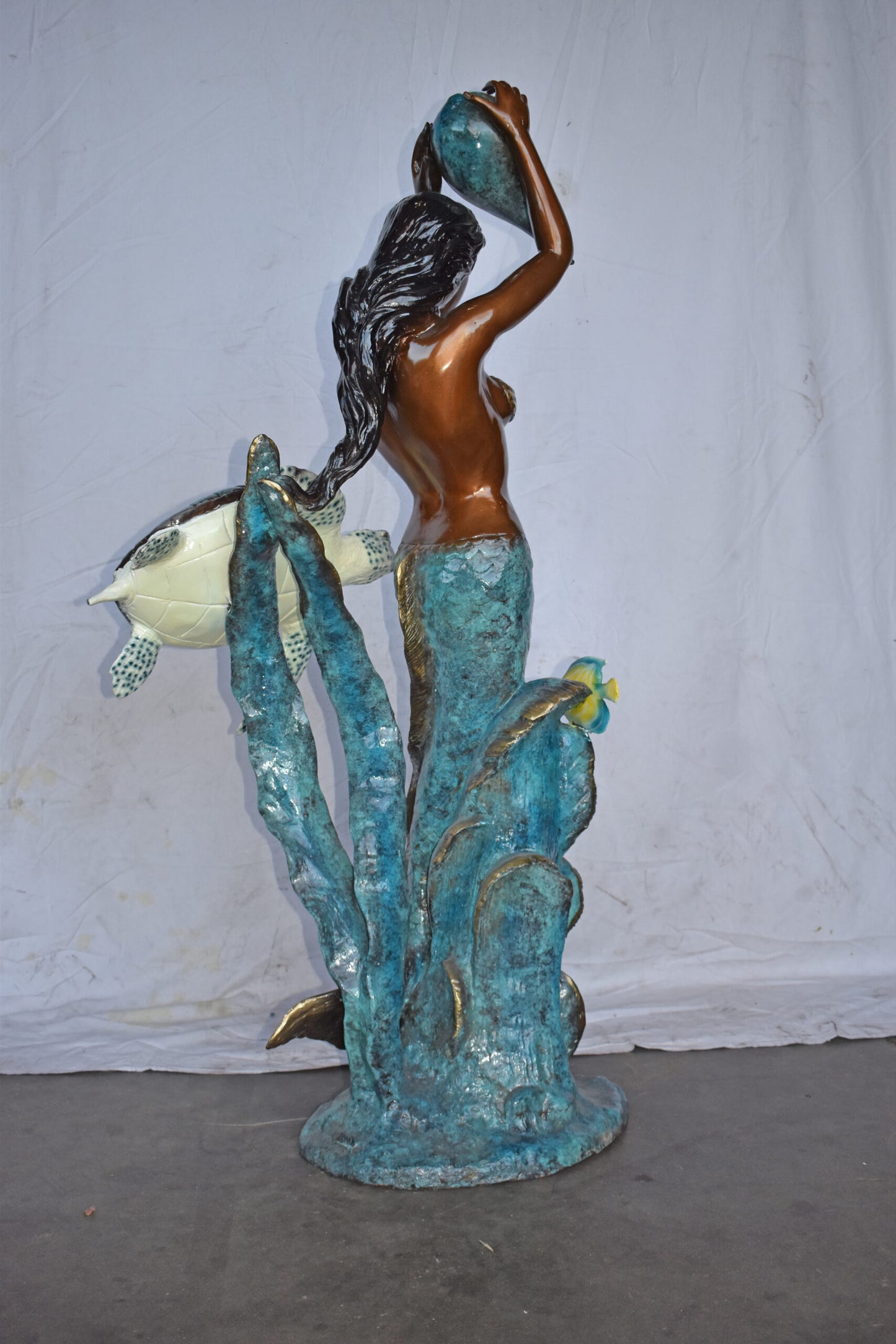 Mermaid Holding a Shell Fountain W Turtle Bronze Statue - Size: 32" x 19" x 60"H