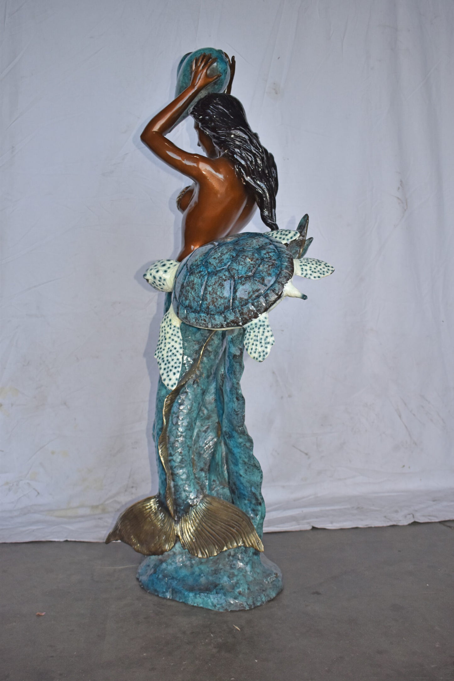 Mermaid Holding a Shell Fountain W Turtle Bronze Statue - Size: 32" x 19" x 60"H