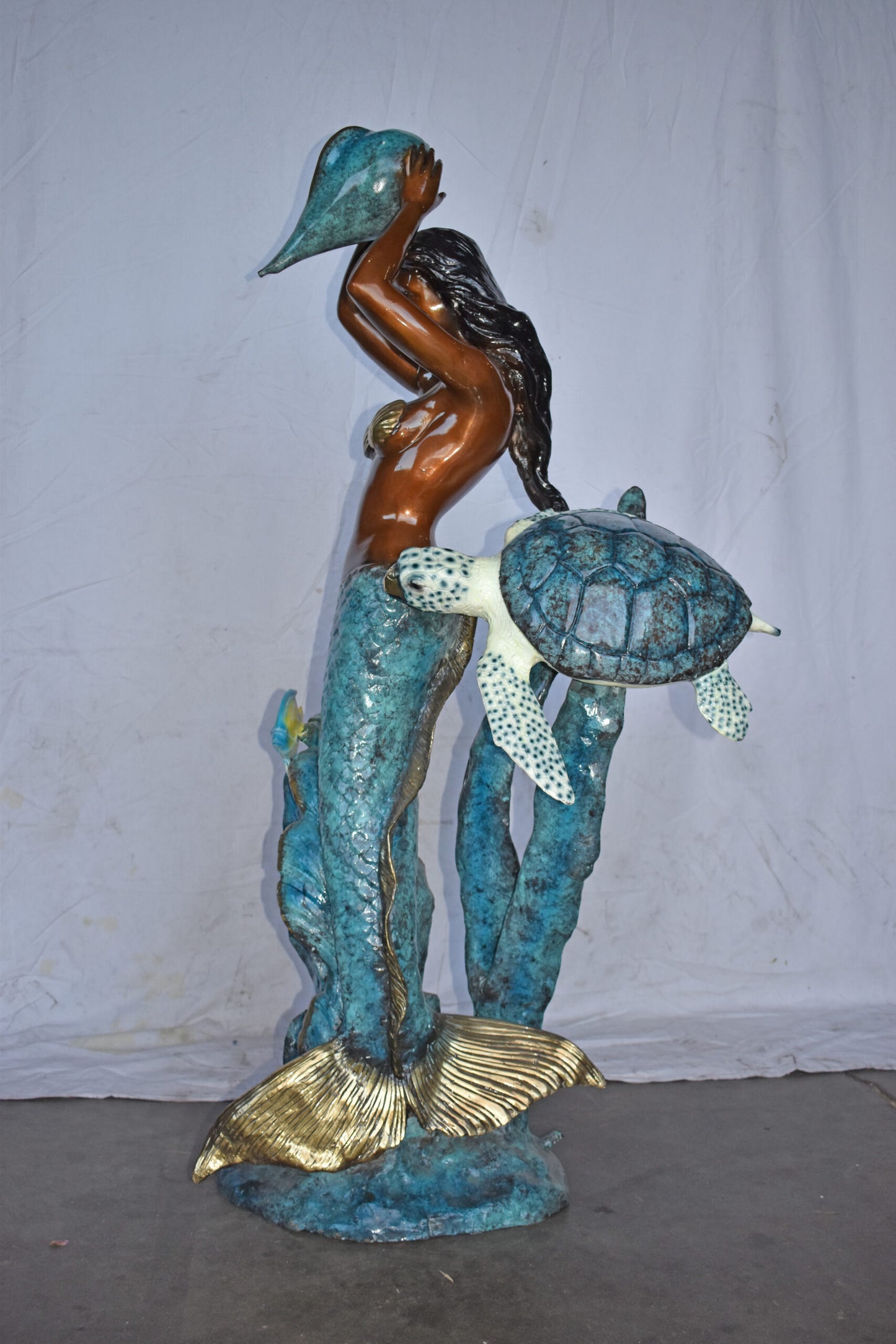 Mermaid Holding a Shell Fountain W Turtle Bronze Statue - Size: 32" x 19" x 60"H