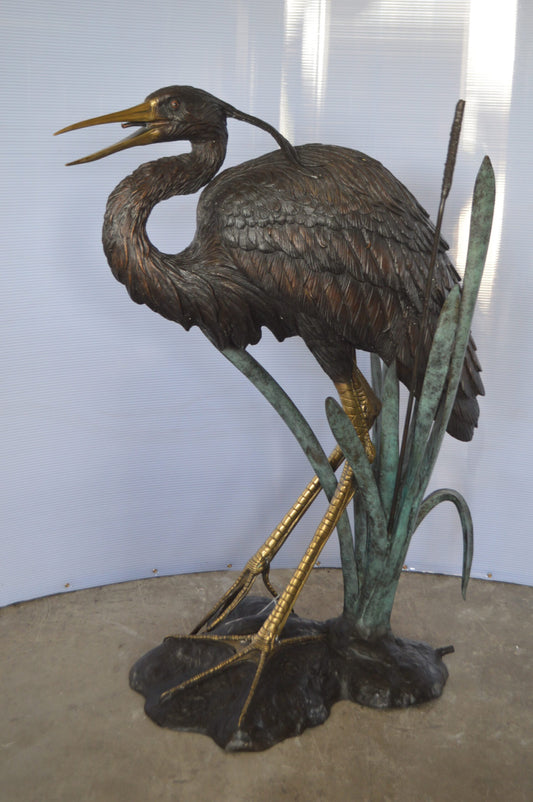 Large Heron Fountain Bronze Statue -  Size: 40"L x 24"W x 48"H.