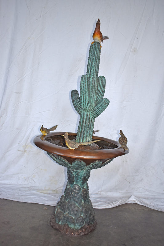 Birdbath With Five Roadunner Birds Bronze Statue - Size: 31" x 31" x 67"H