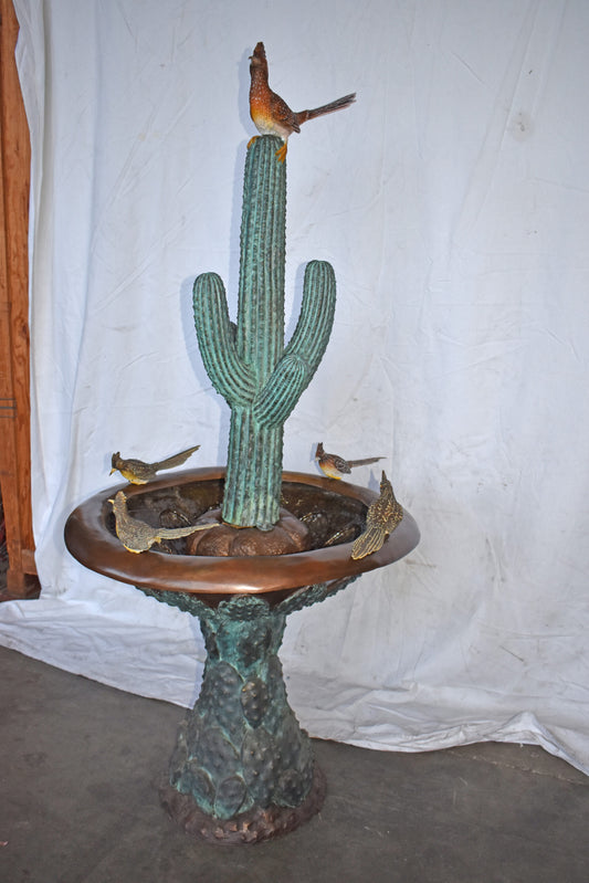 Birdbath With Five Roadunner Birds Bronze Statue - Size: 31" x 31" x 67"H