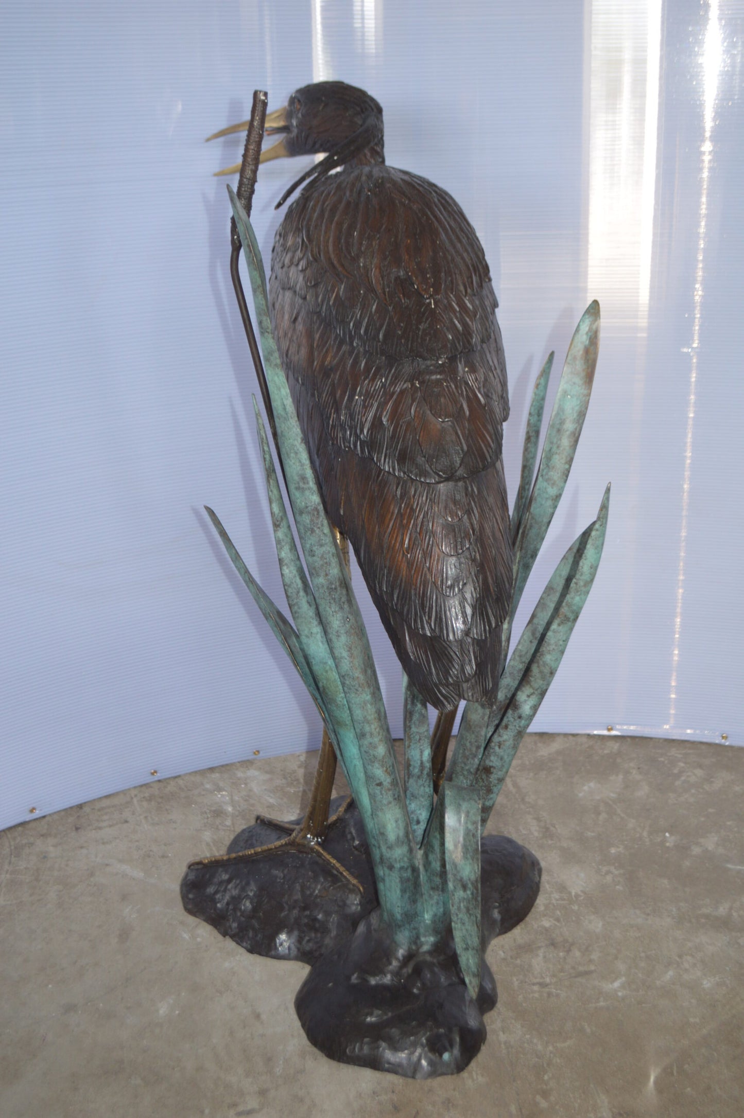 Large Heron Fountain Bronze Statue - Size: 40"L x 24"W x 48"H.