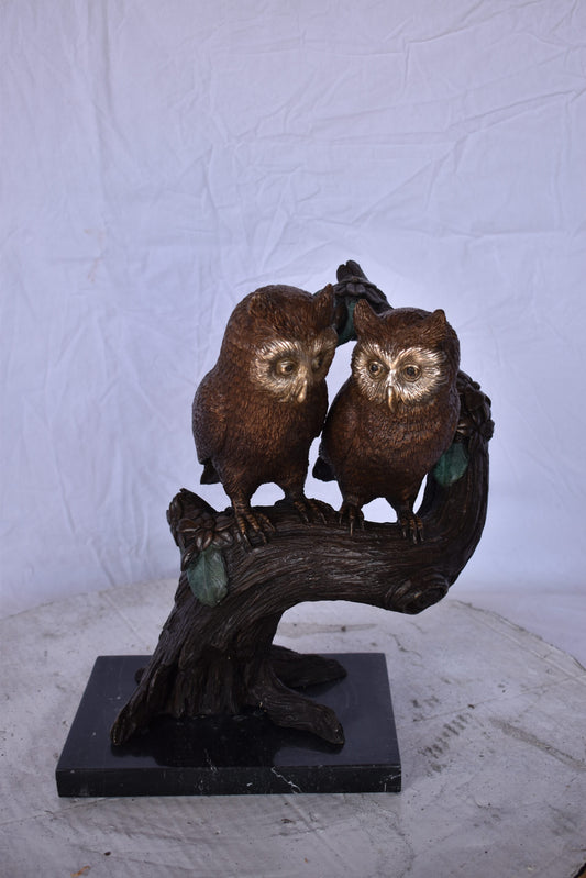 Two Owls on A Tree Trunk Bronze Statue - Size: 11"L x 11"W x 14"H.