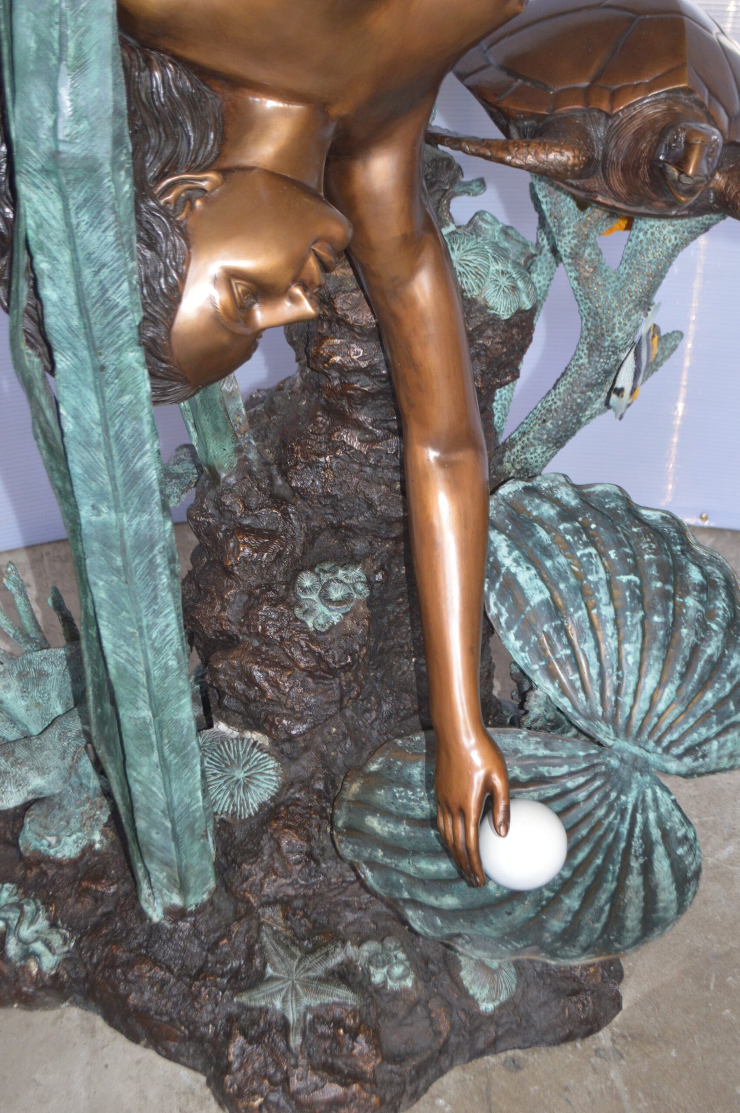Mermaid Diving for a Pearl Fountain Bronze Statue - Size: 34"L x 27"W x 93"H.