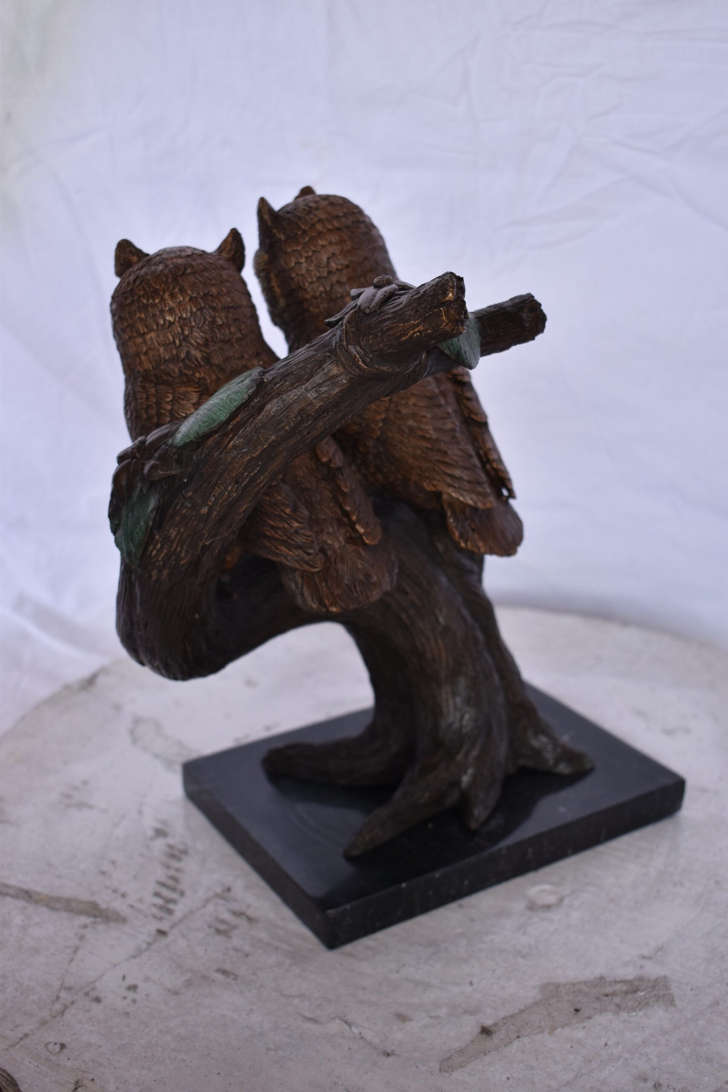 Two Owls on A Tree Trunk Bronze Statue - Size: 11"L x 11"W x 14"H.