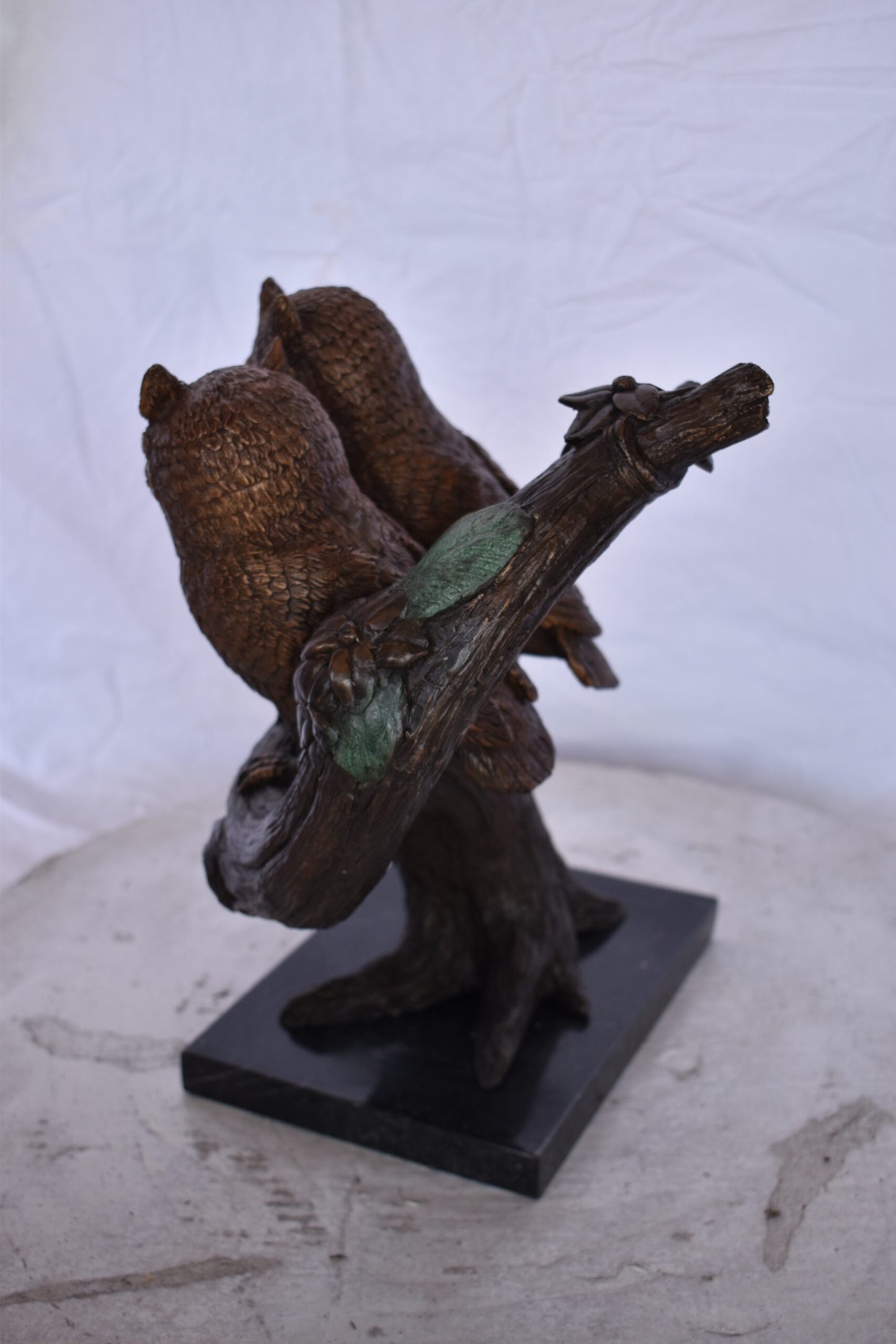 Two Owls on A Tree Trunk Bronze Statue - Size: 11"L x 11"W x 14"H.