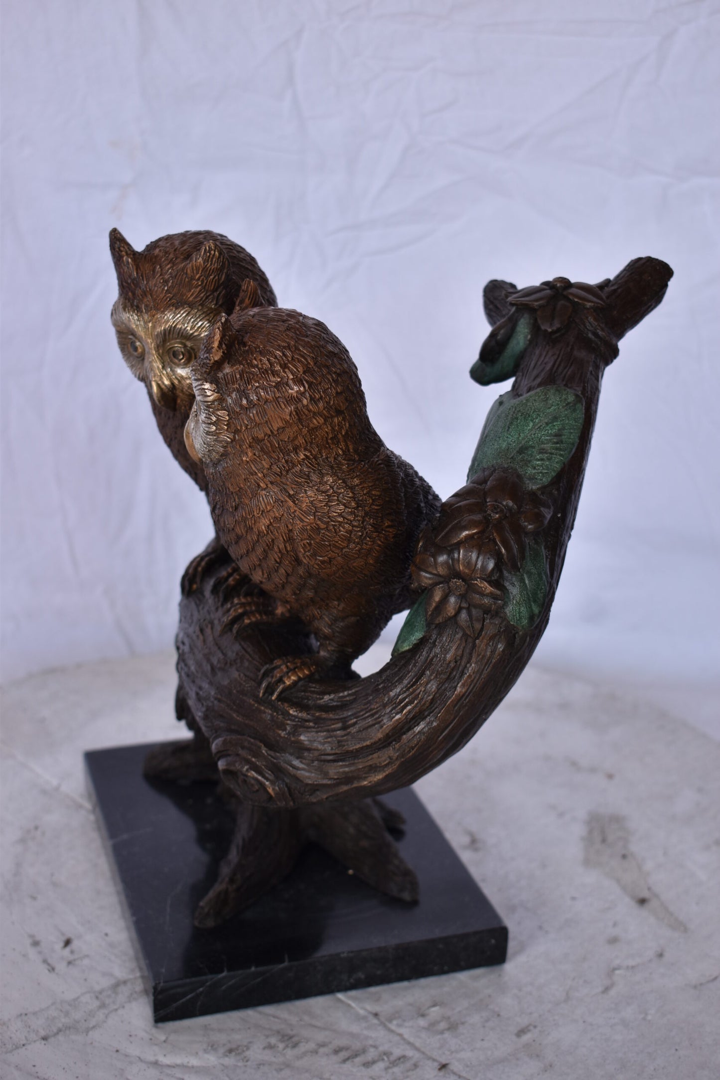 Two Owls on A Tree Trunk Bronze Statue - Size: 11"L x 11"W x 14"H.