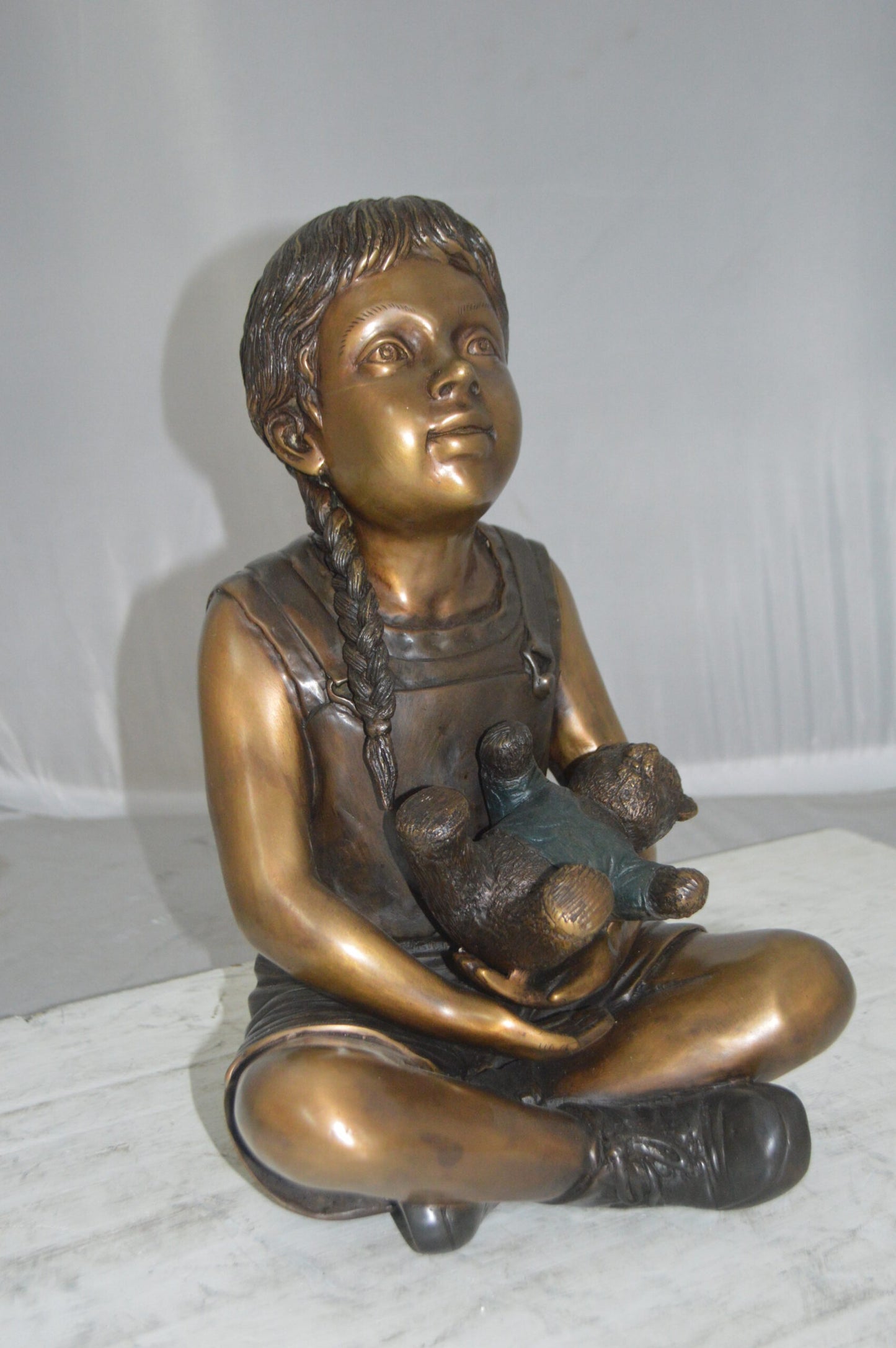 Sitting Girl with Bear Bronze Statue - Size: 13"L x 12"W x 15"Hss.