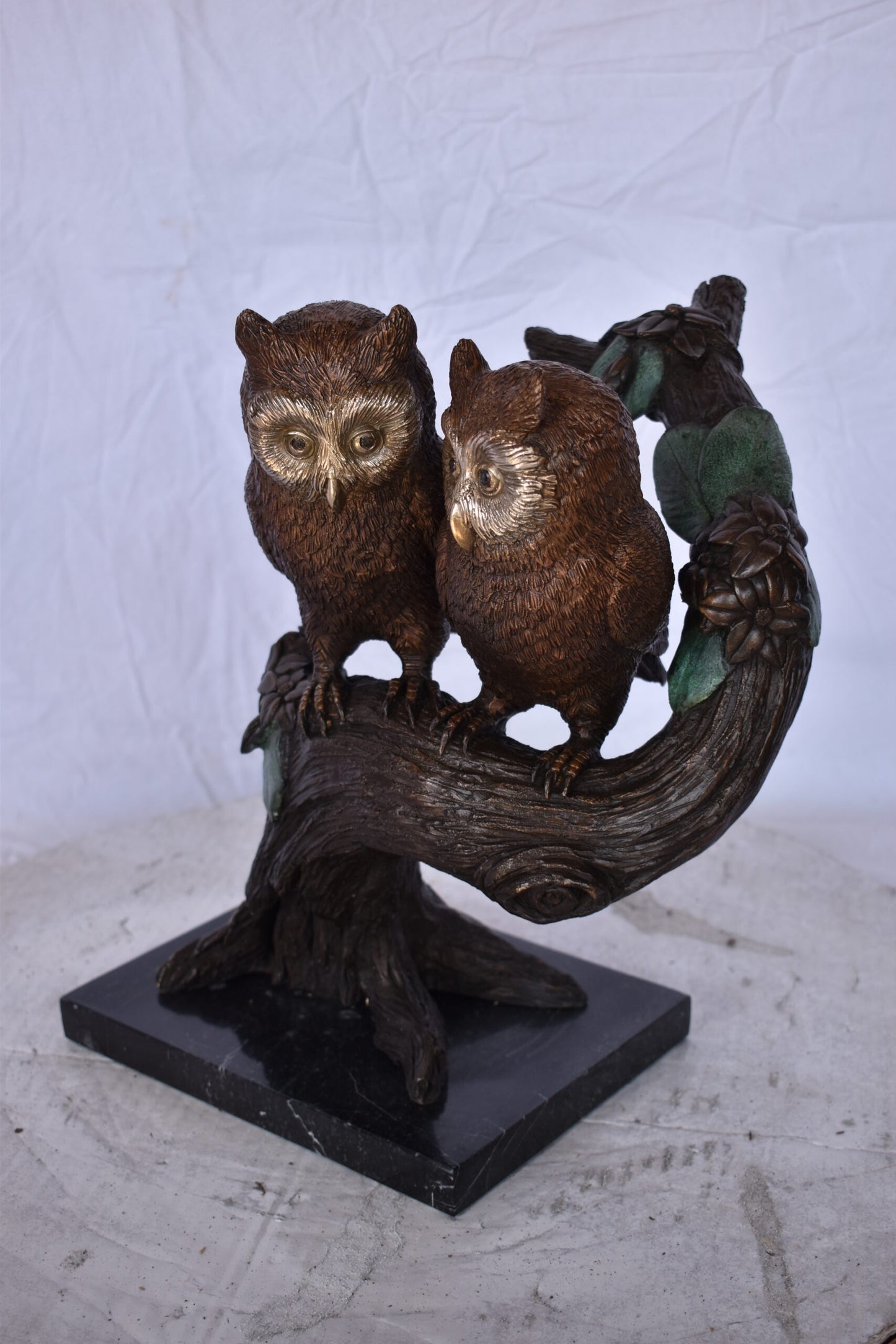 Two Owls on A Tree Trunk Bronze Statue - Size: 11"L x 11"W x 14"H.