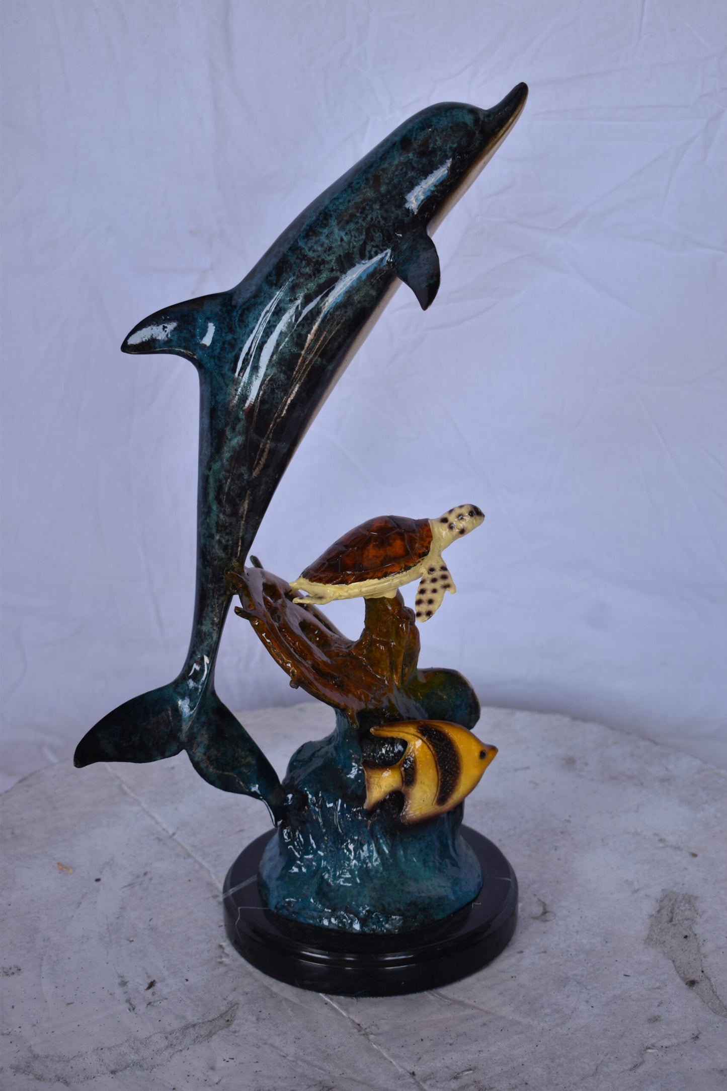 Dolphin with A Turtle, Anchor and Fish Bronze Statue - Size: 6"L x 10"W x 19"H.