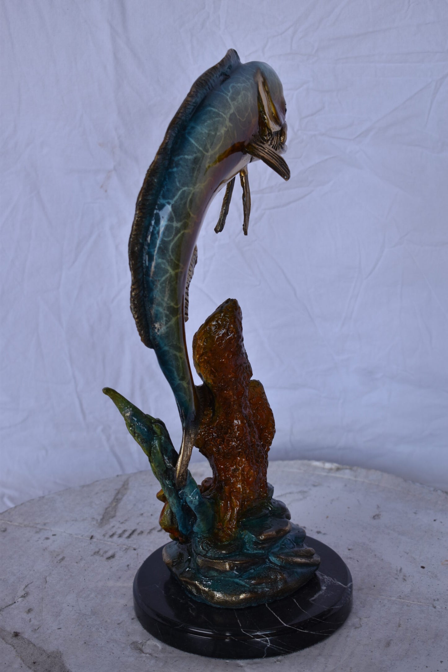 Dorado or Mahi Mahi With Coral Bronze Statue - Size: 5"L x 10"W x 19"H