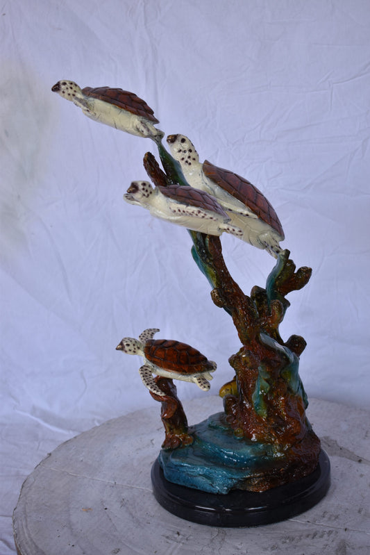 Four Turtles with Fish Bronze Statue on A Marble Base - Size: 16" x 12" x 22"H.