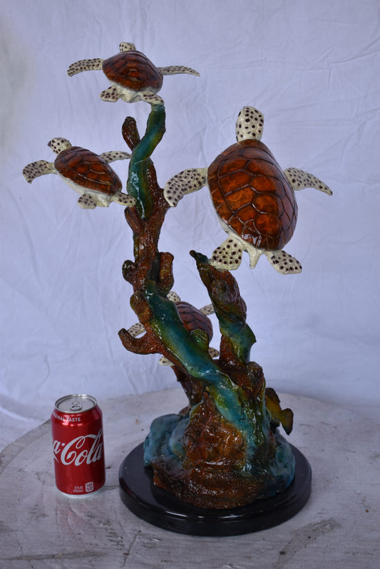 Four Turtles with Fish Bronze Statue on A Marble Base - Size: 16" x 12" x 22"H.