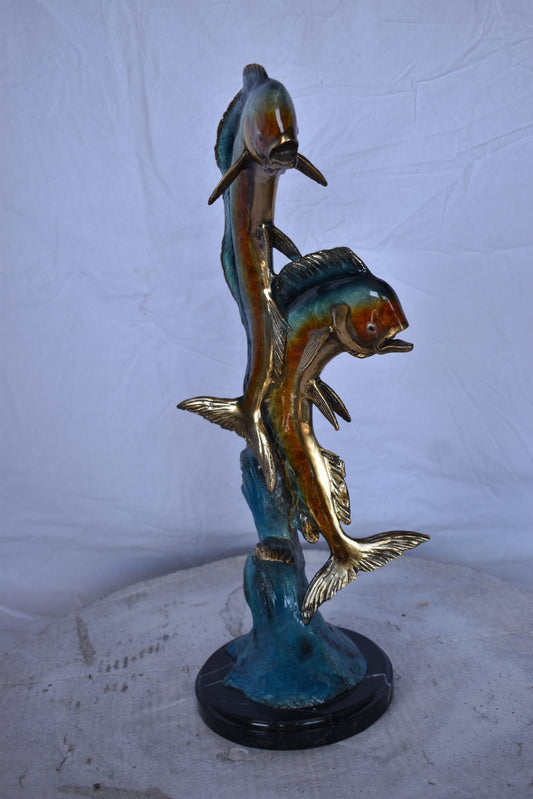 Two Dorado, Mahi Mahi Bronze Statue on Marble Base - Size: 9"L x 9"W x 22"H.