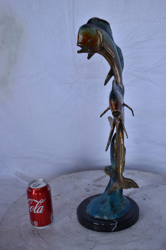 Two Dorado, Mahi Mahi Bronze Statue on Marble Base - Size: 9"L x 9"W x 22"H.
