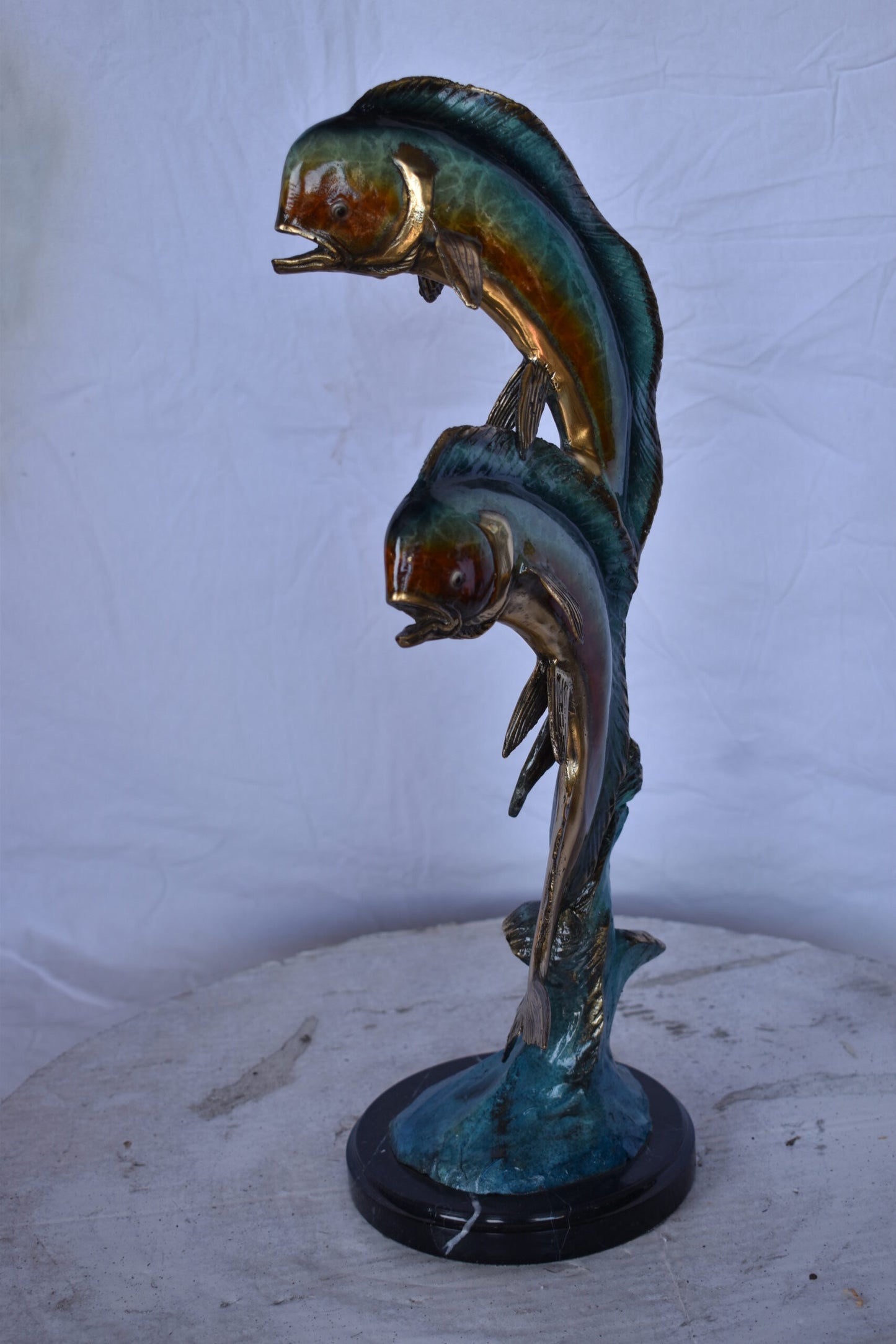 Two Dorado, Mahi Mahi Bronze Statue on Marble Base - Size: 9"L x 9"W x 22"H.