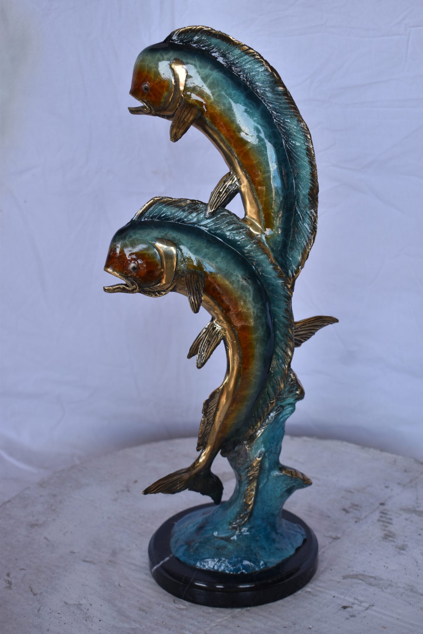 Two Dorado, Mahi Mahi Bronze Statue on Marble Base - Size: 9"L x 9"W x 22"H.