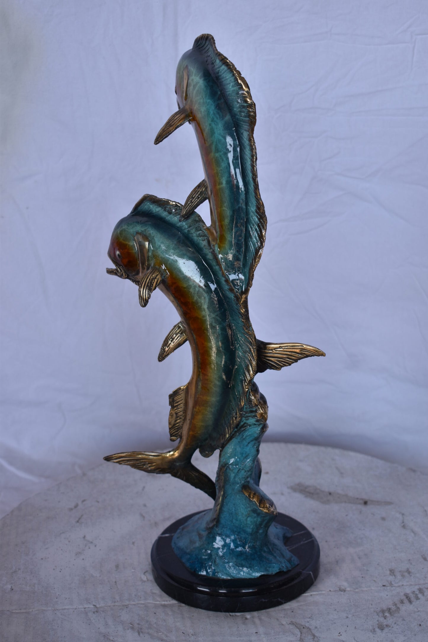 Two Dorado, Mahi Mahi Bronze Statue on Marble Base - Size: 9"L x 9"W x 22"H.