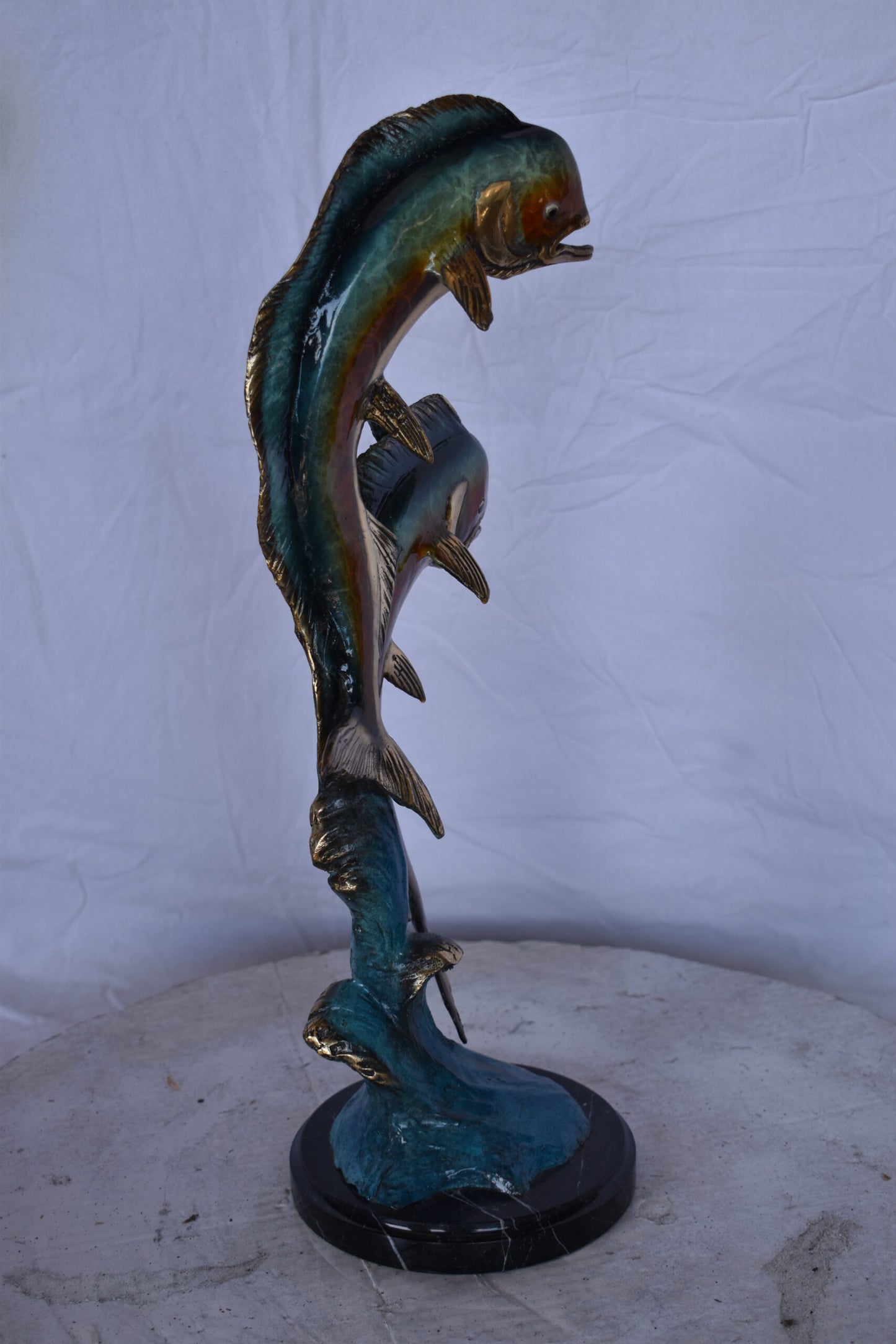 Two Dorado, Mahi Mahi Bronze Statue on Marble Base - Size: 9"L x 9"W x 22"H.