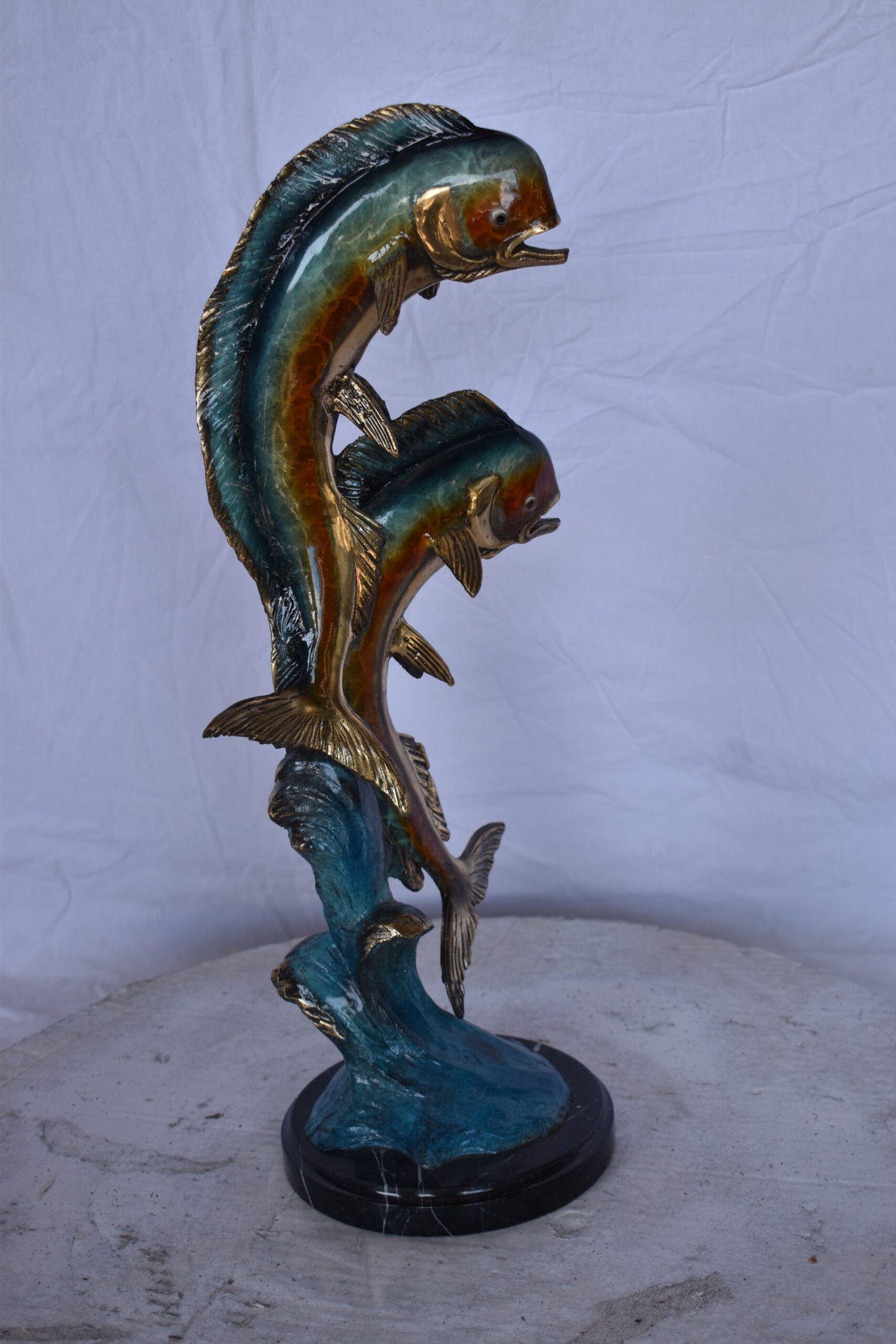 Two Dorado, Mahi Mahi Bronze Statue on Marble Base - Size: 9"L x 9"W x 22"H.