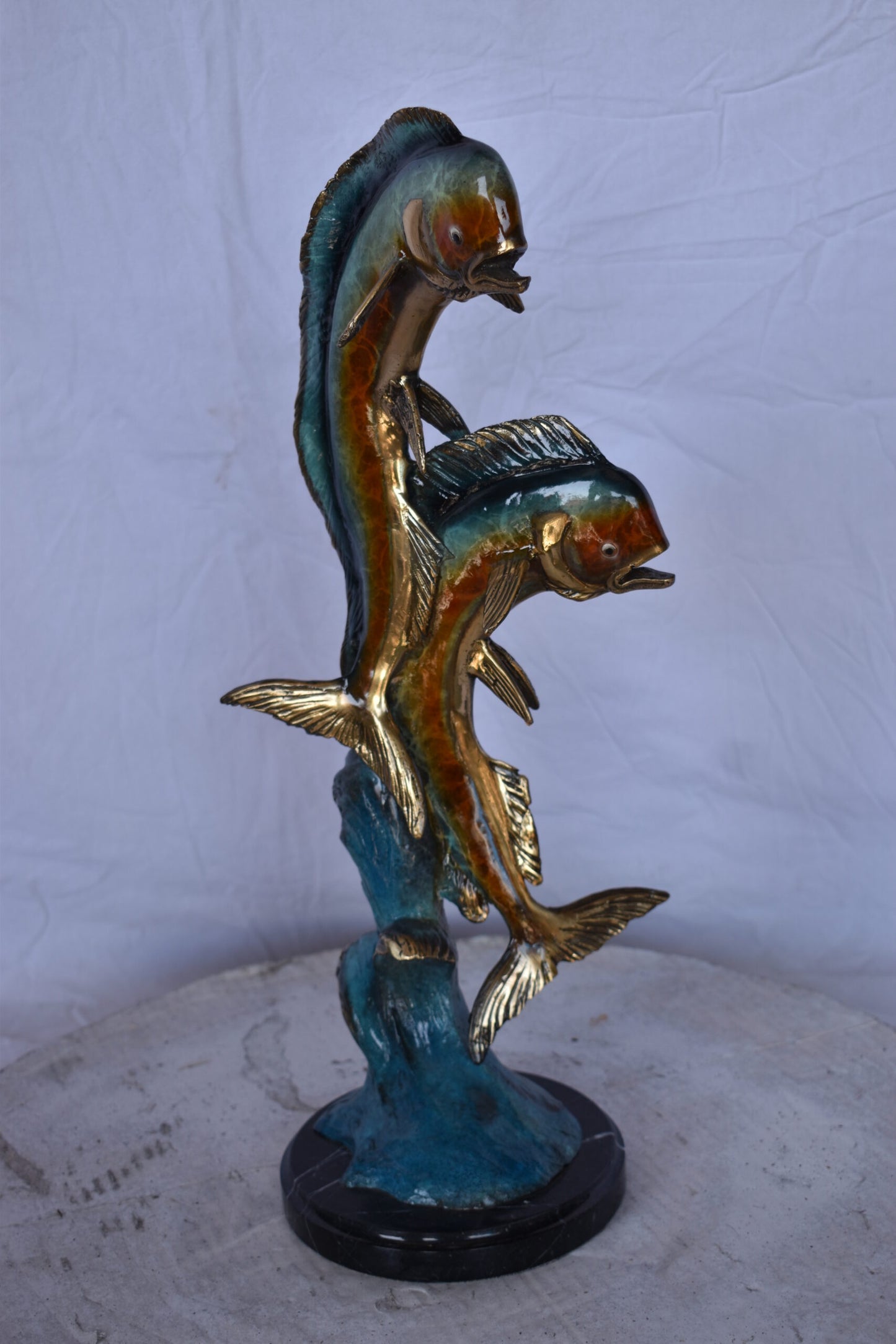Two Dorado, Mahi Mahi Bronze Statue on Marble Base - Size: 9"L x 9"W x 22"H.