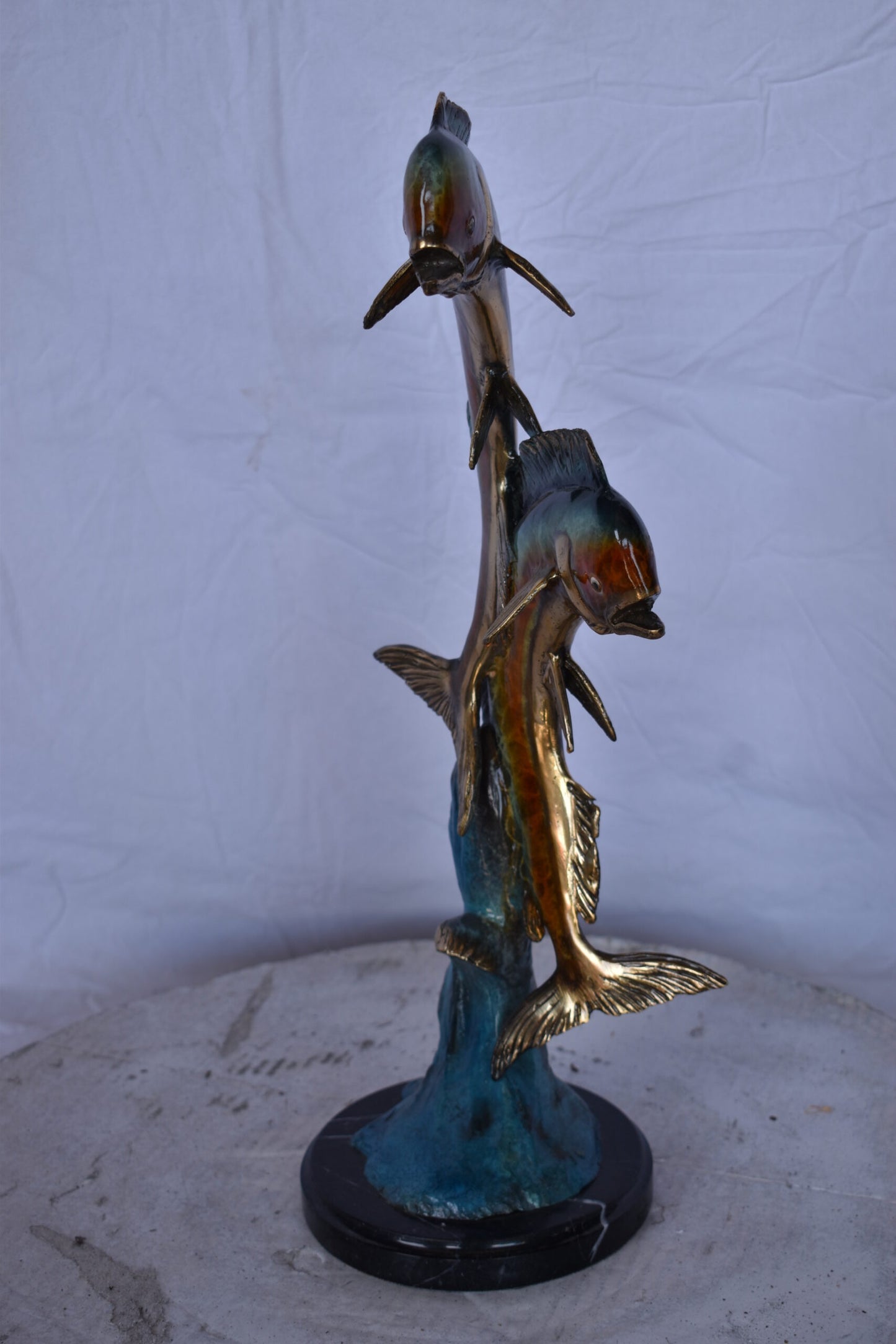 Two Dorado, Mahi Mahi Bronze Statue on Marble Base - Size: 9"L x 9"W x 22"H.