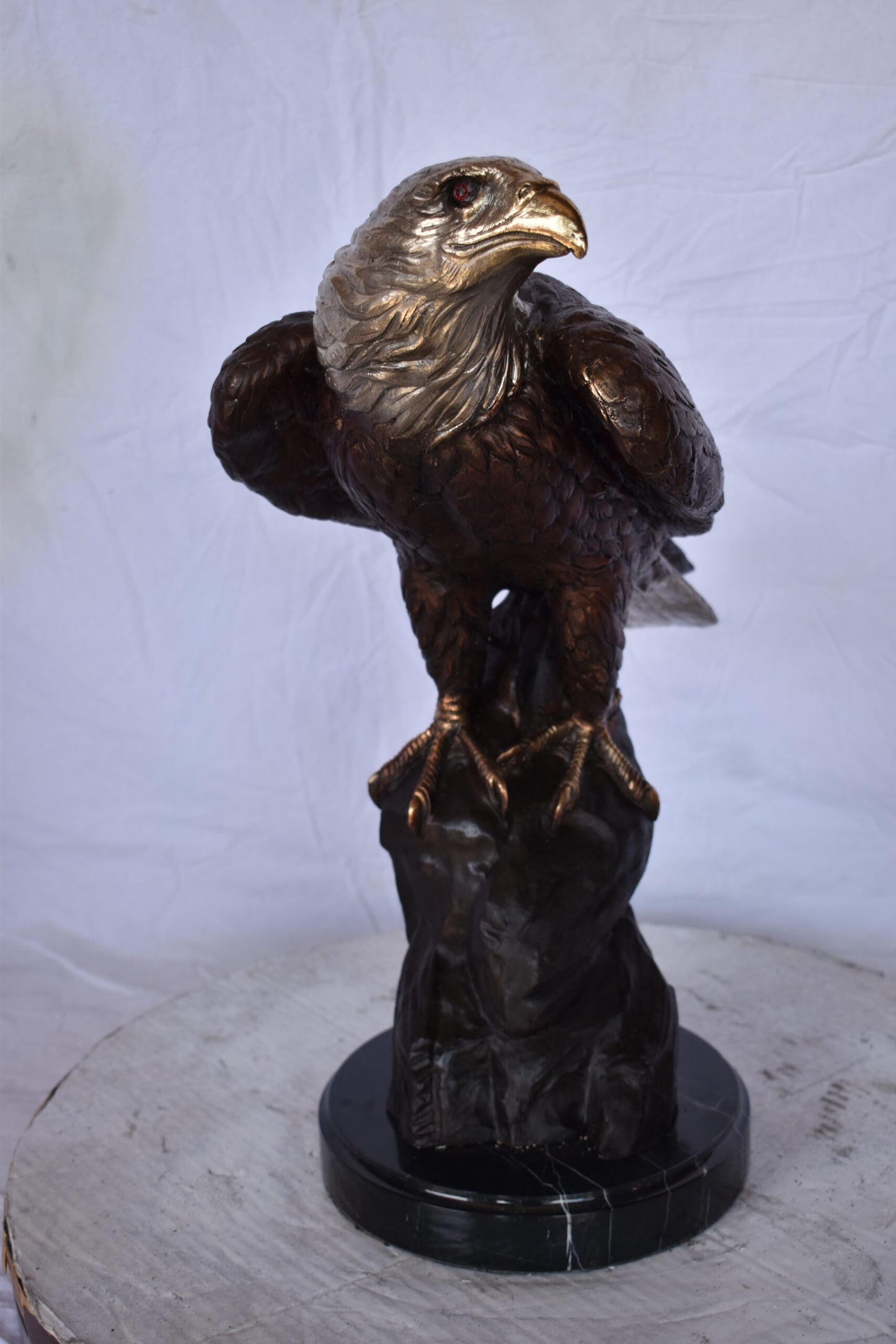 Eagle on Rock Bronze Statue Mounted on Marble Base - Size: 10"L x 22"W x 21"H.