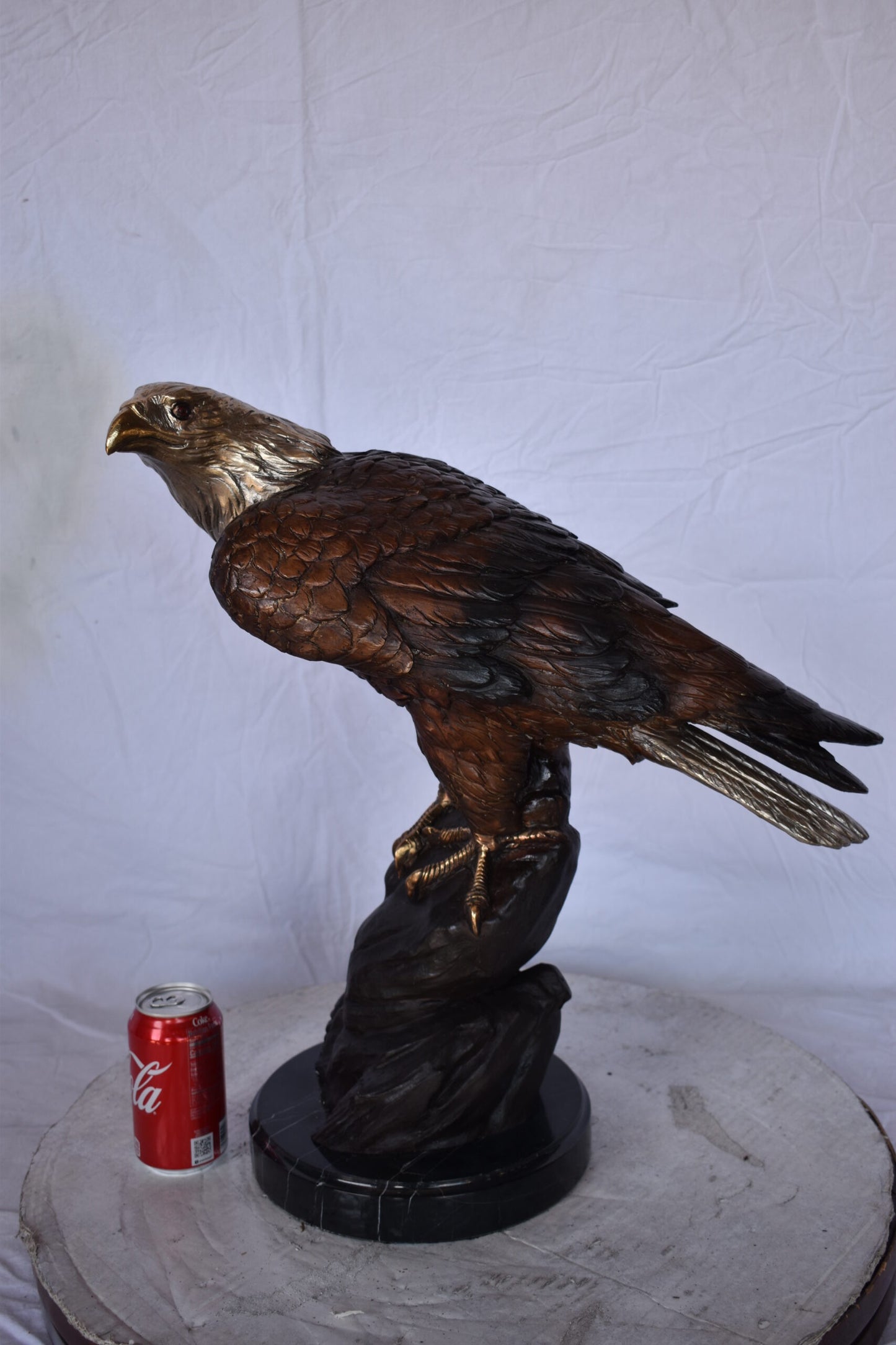 Eagle on Rock Bronze Statue Mounted on Marble Base - Size: 10"L x 22"W x 21"H.