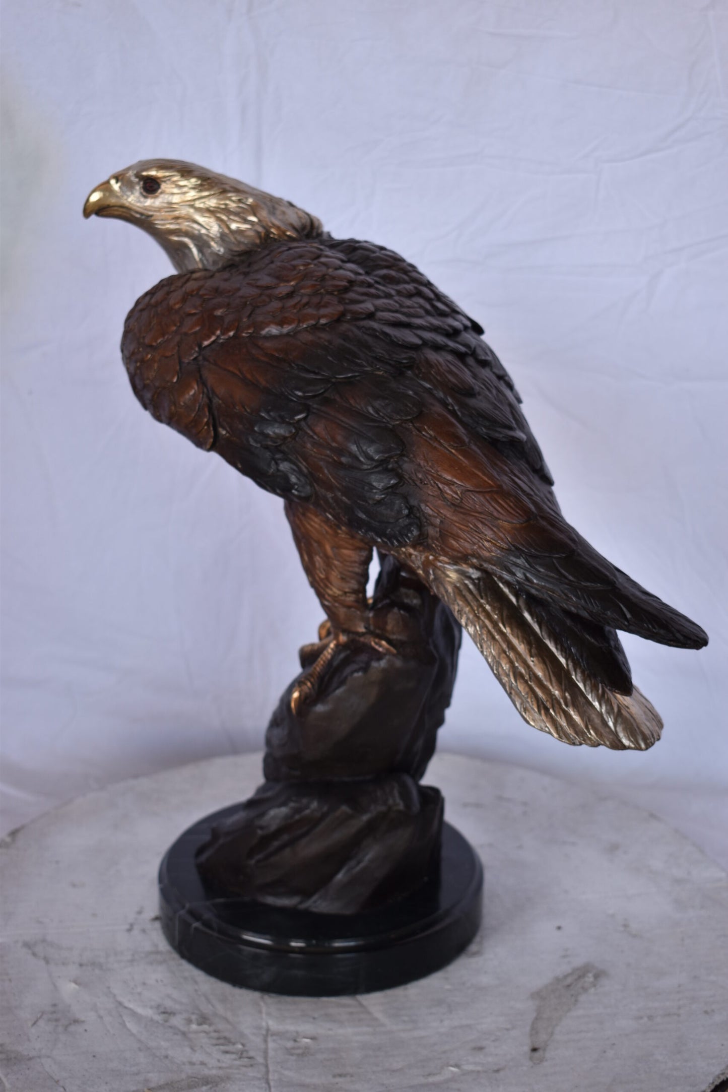 Eagle on Rock Bronze Statue Mounted on Marble Base - Size: 10"L x 22"W x 21"H.