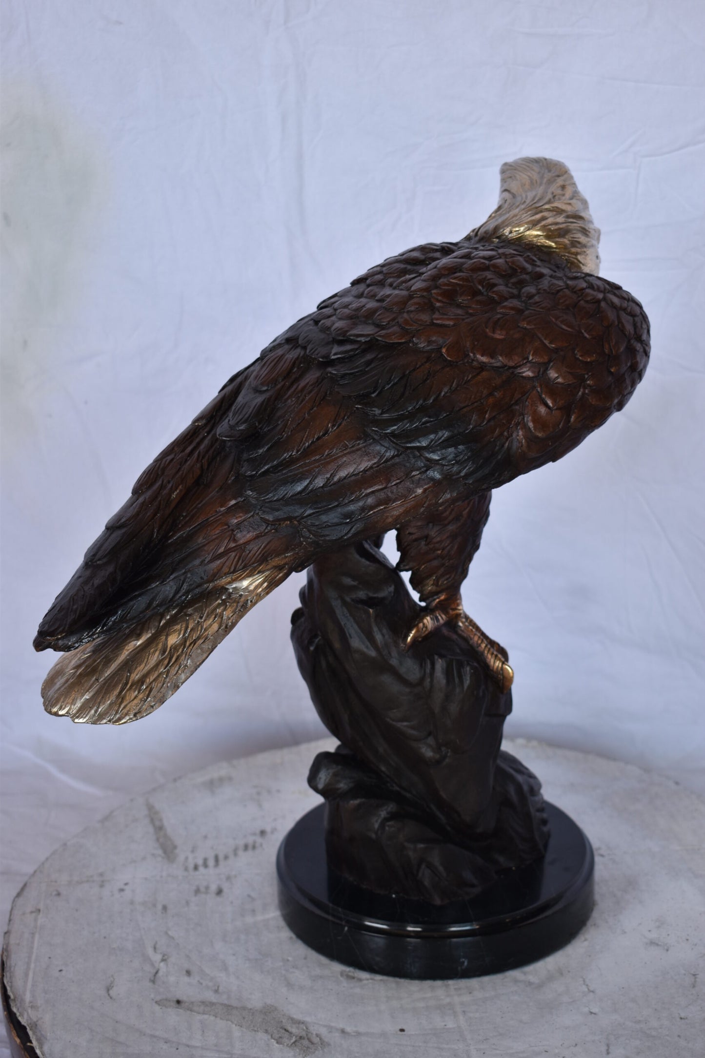 Eagle on Rock Bronze Statue Mounted on Marble Base - Size: 10"L x 22"W x 21"H.
