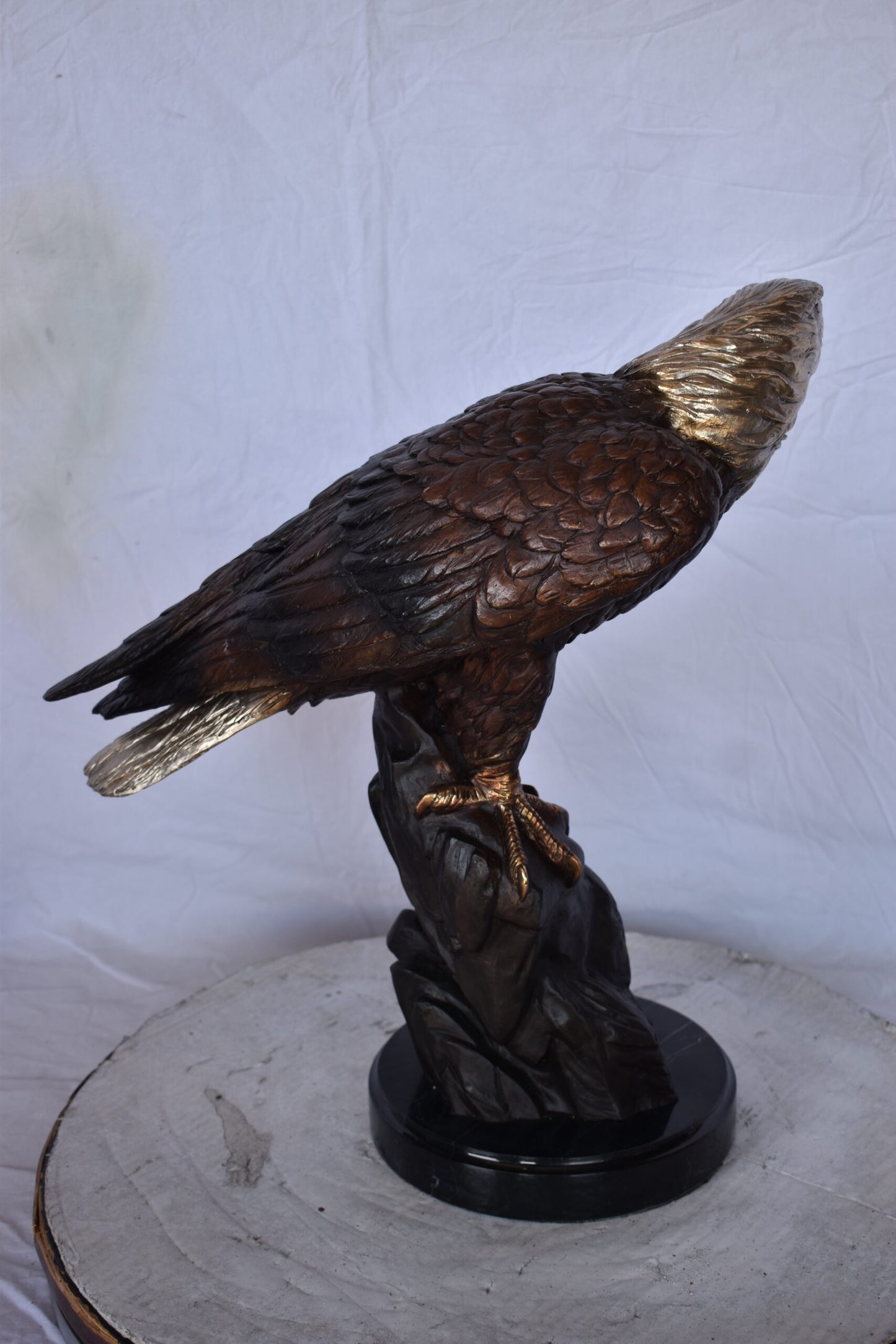 Eagle on Rock Bronze Statue Mounted on Marble Base - Size: 10"L x 22"W x 21"H.