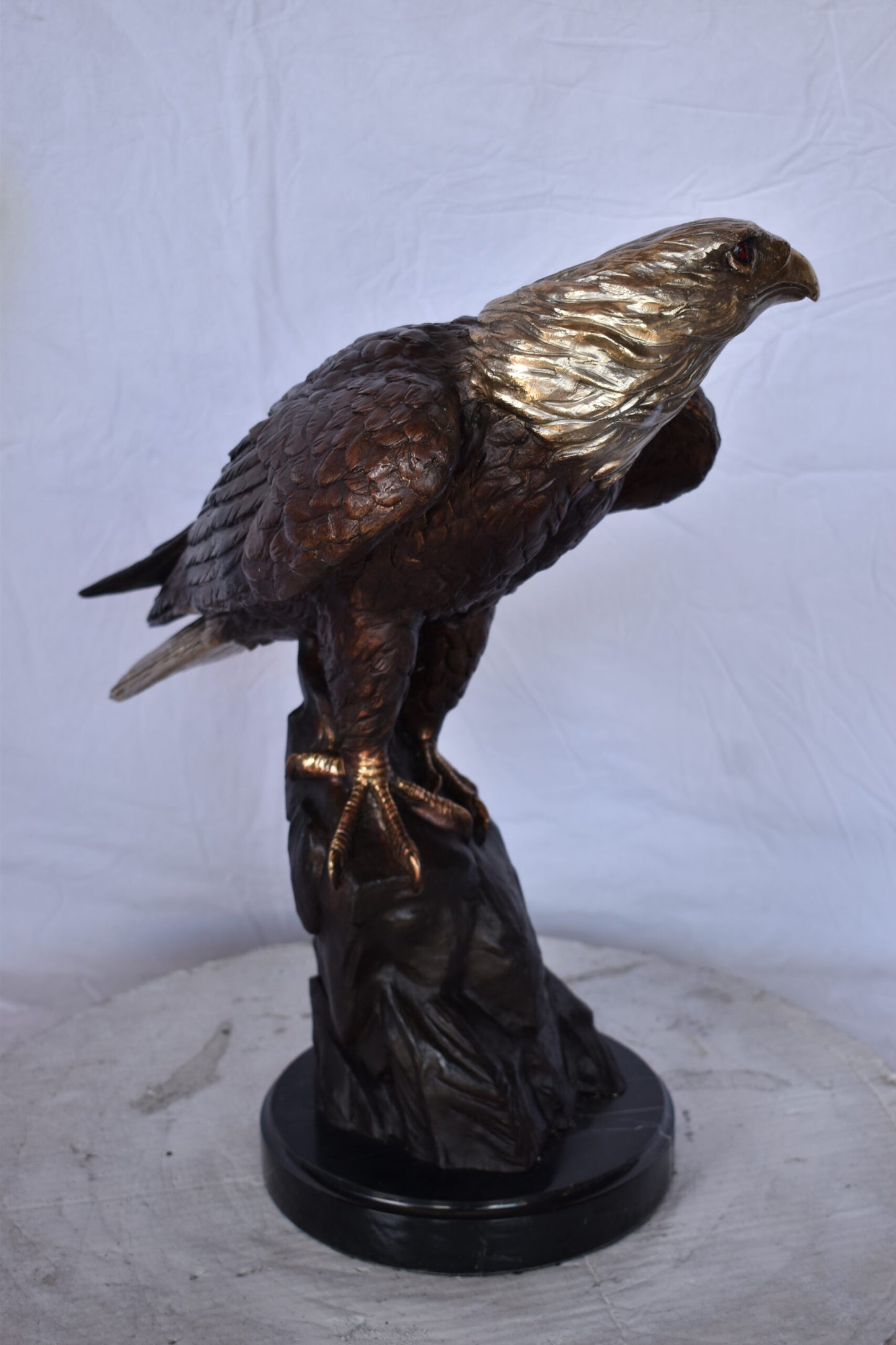 Eagle on Rock Bronze Statue Mounted on Marble Base - Size: 10"L x 22"W x 21"H.