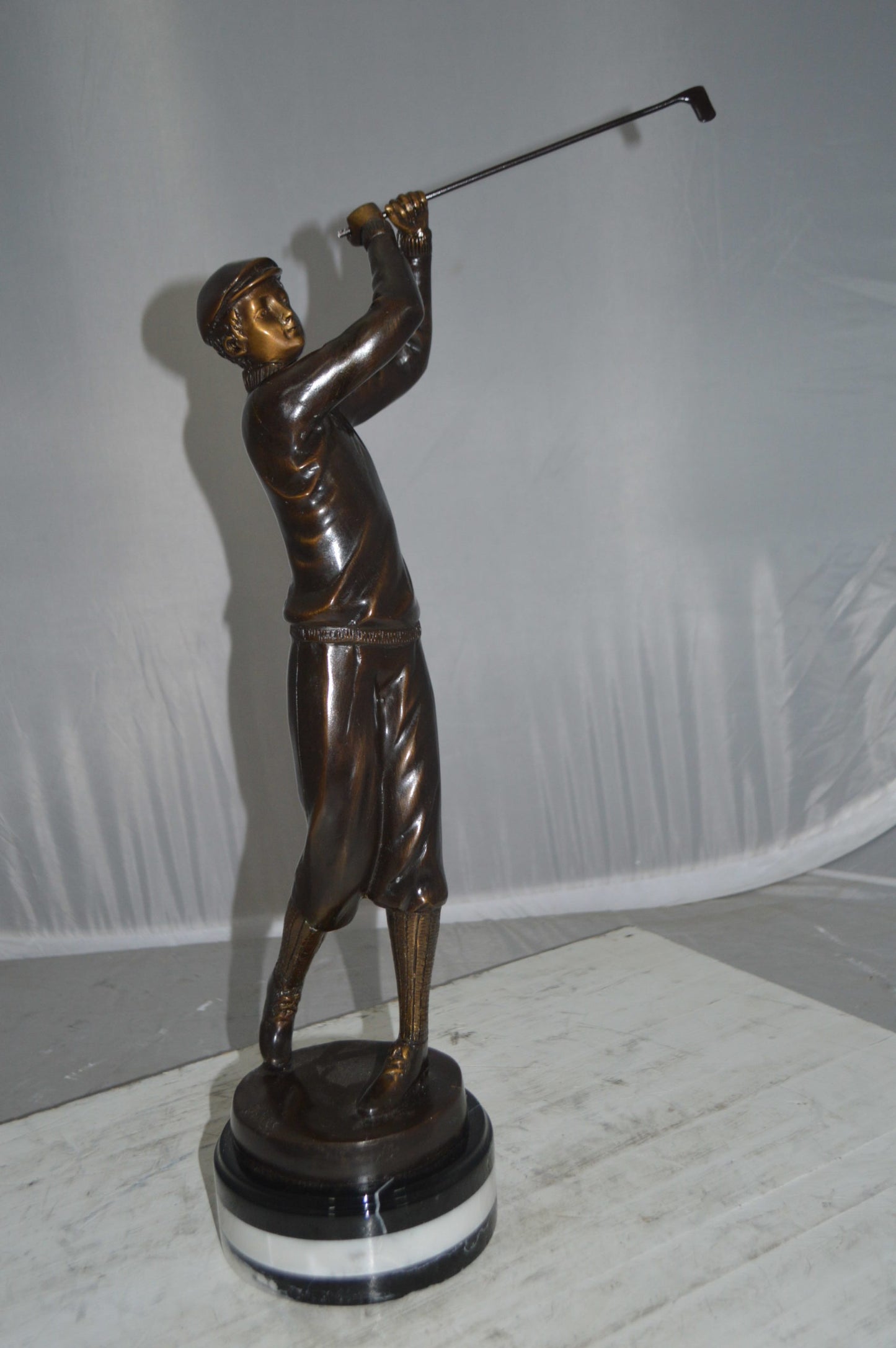 Golfer on Marble Bronze Statue -  Size: 8"L x 8"W x 22"H.