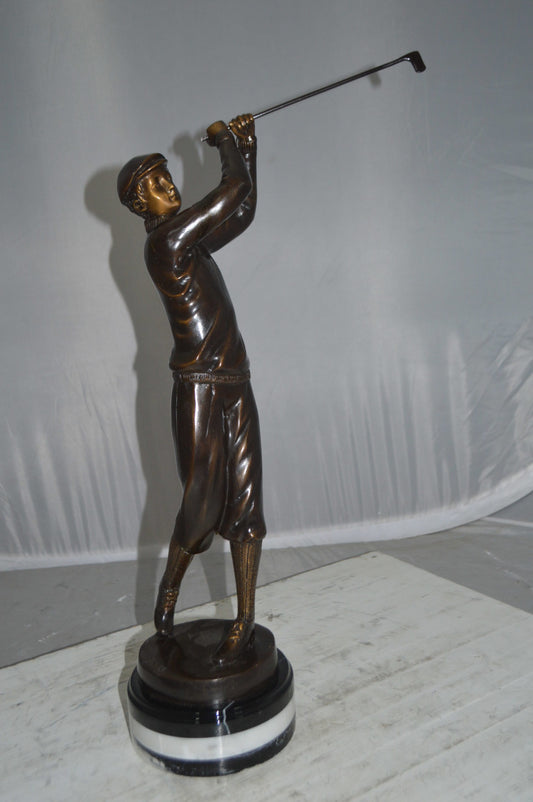 Golfer on Marble Bronze Statue - Size: 8"L x 8"W x 22"H.