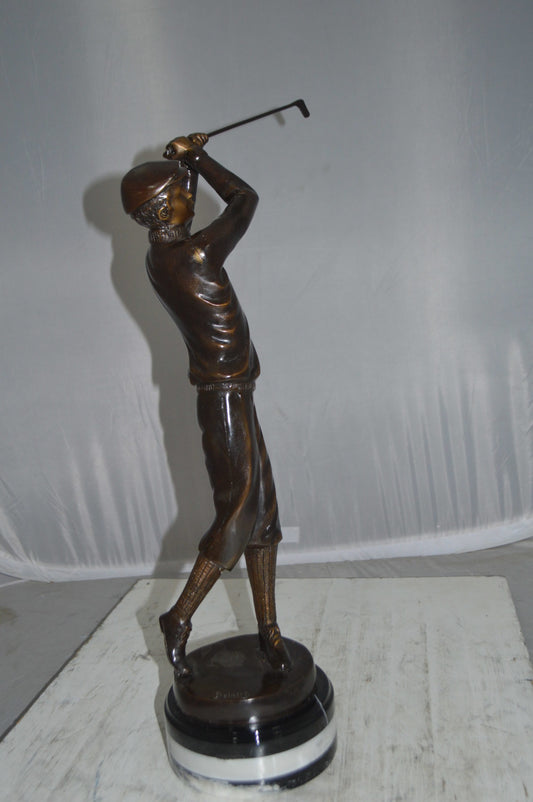 Golfer on Marble Bronze Statue - Size: 8"L x 8"W x 22"H.