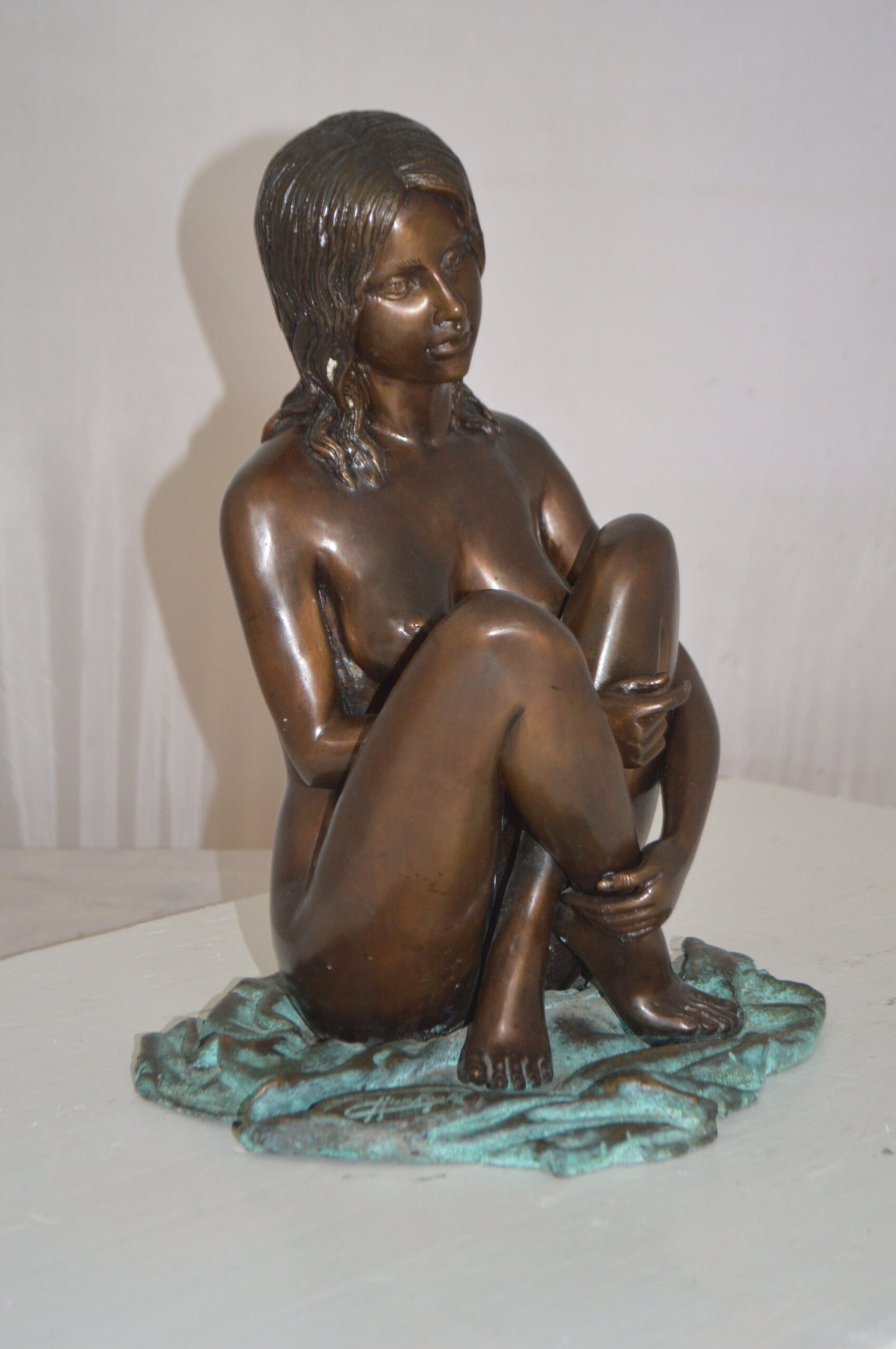 Sitting Art Nude Girl Bronze Statue - Size: 12"L x 10"W x 14"H.