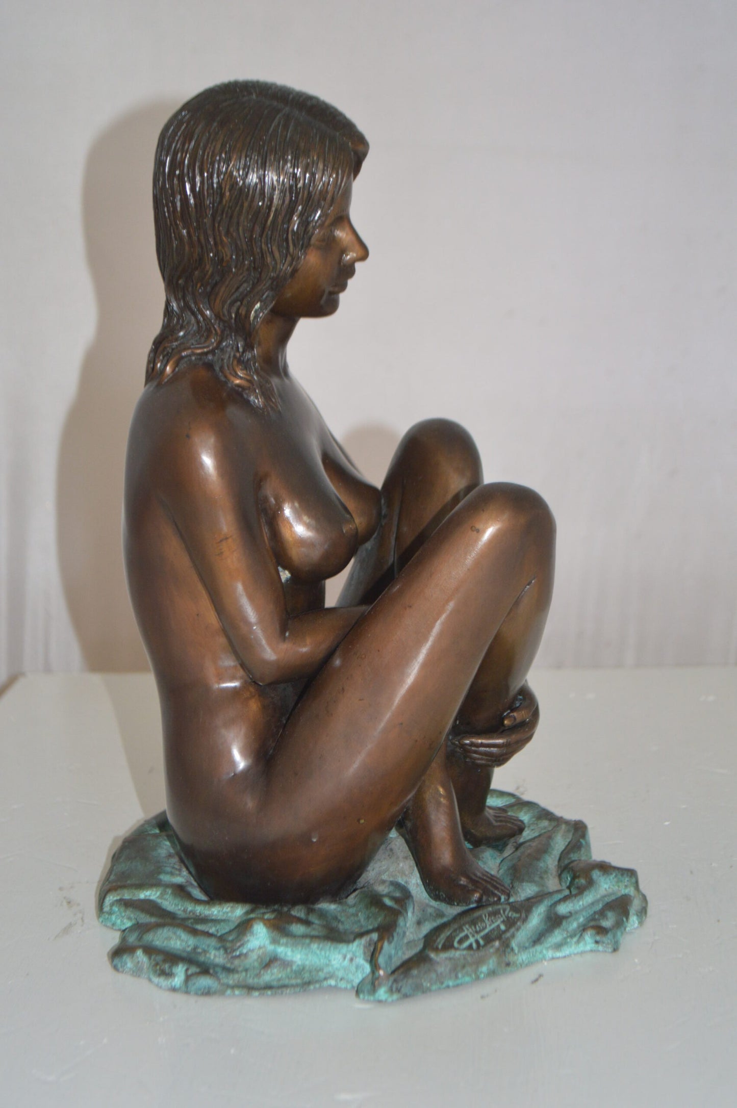 Sitting Art Nude Girl Bronze Statue - Size: 12"L x 10"W x 14"H.