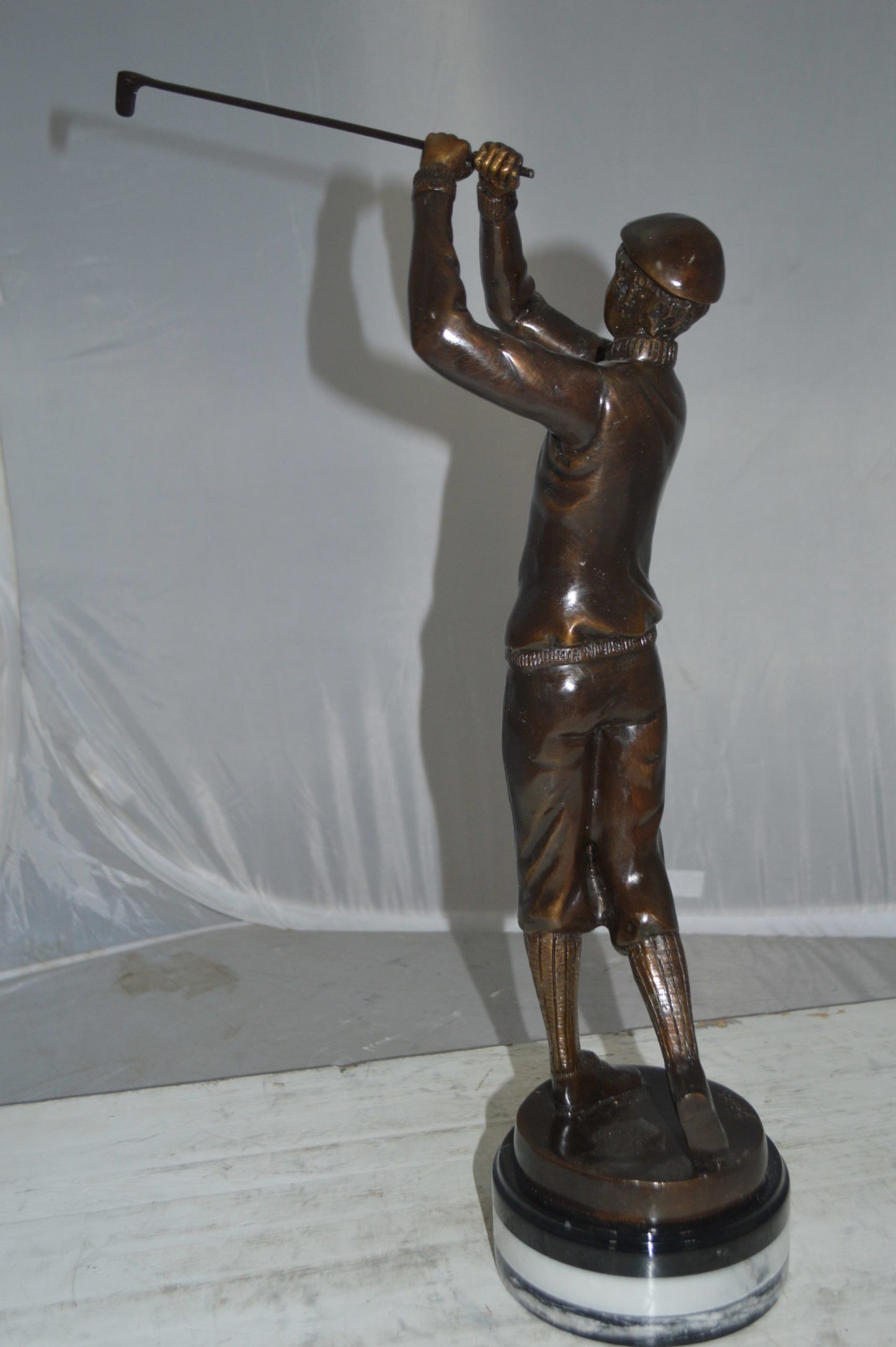 Golfer on Marble Bronze Statue -  Size: 8"L x 8"W x 22"H.